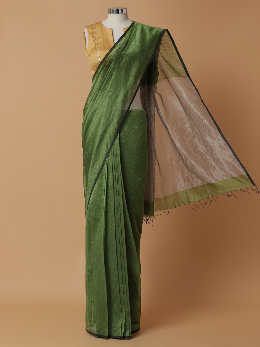 Maheshwari Cotton Silk Green Striped Silver Border