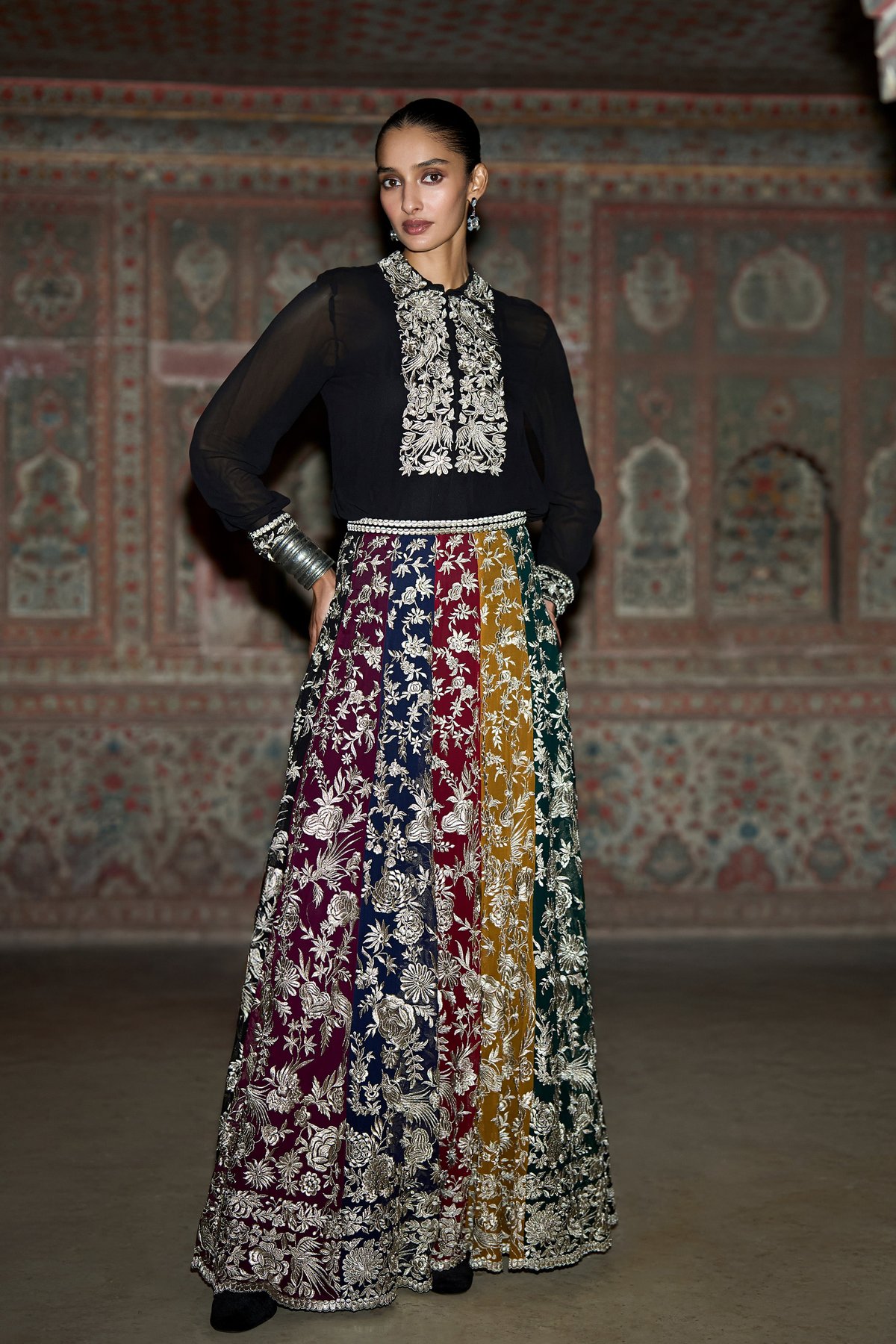 Metallic Thread Embroidered Shirt & Flared Skirt Set