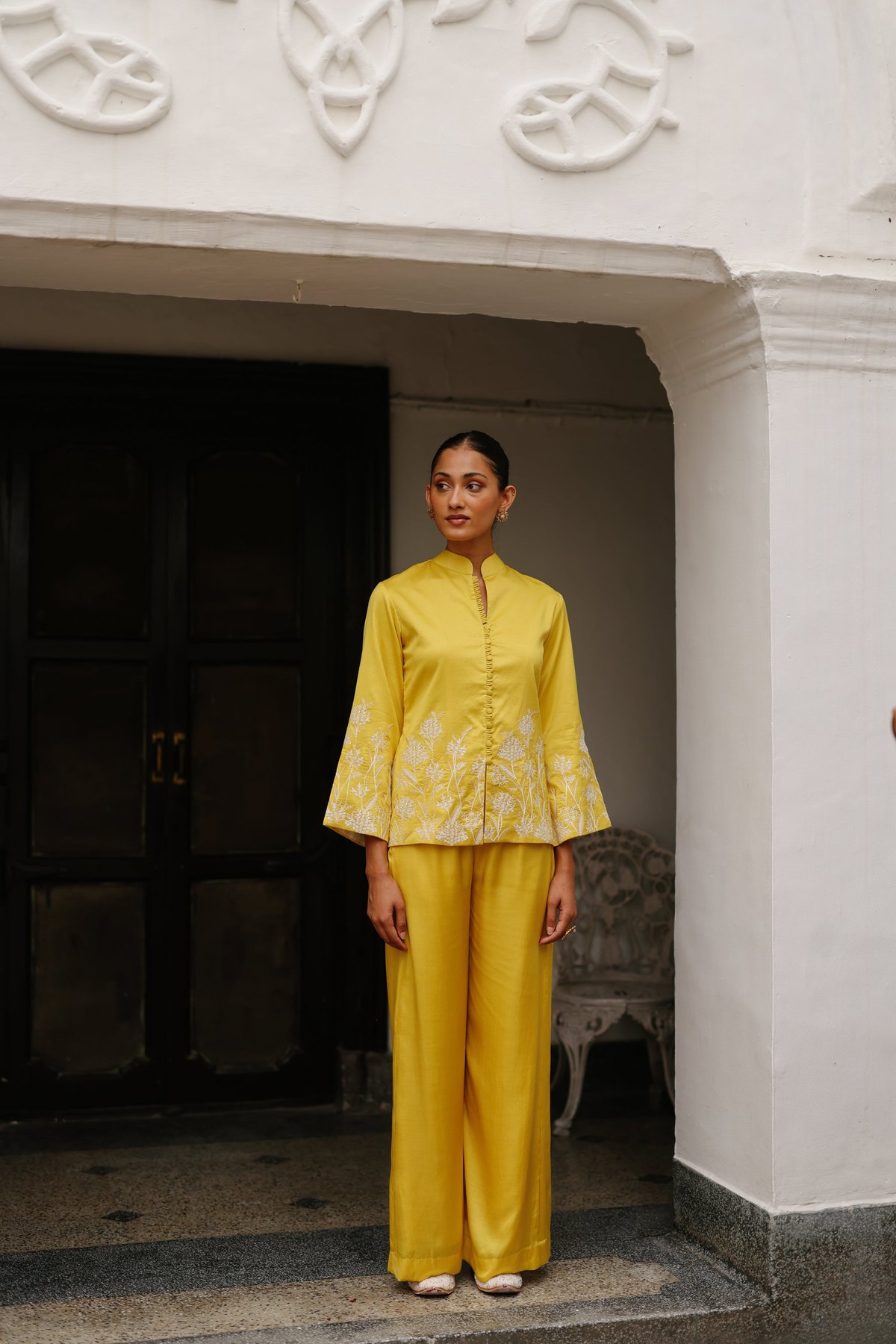 Yellow Embroidered Coat and Wide-Leg Pants Co-ord Set
