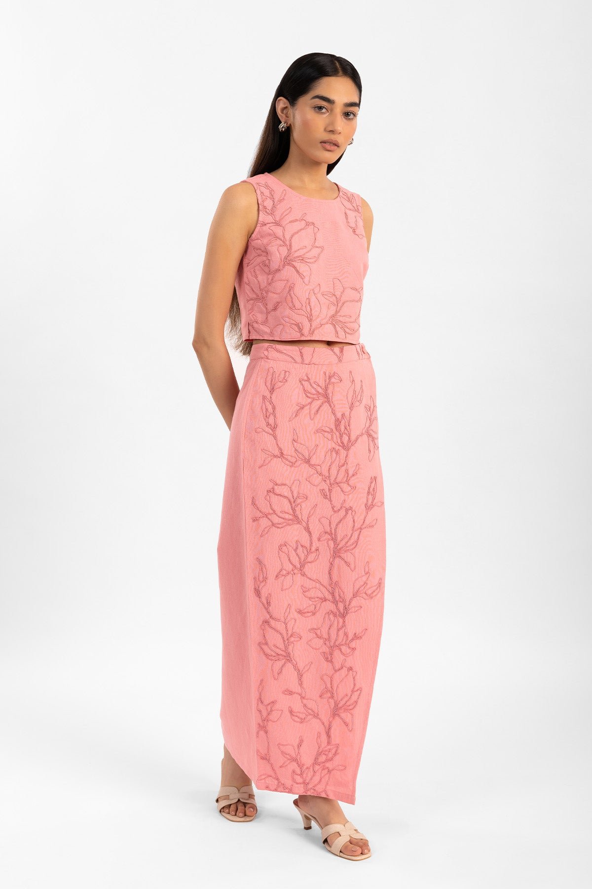 Pink Embroidered Crop Top and Wrap Maxi Skirt Co-ord Set