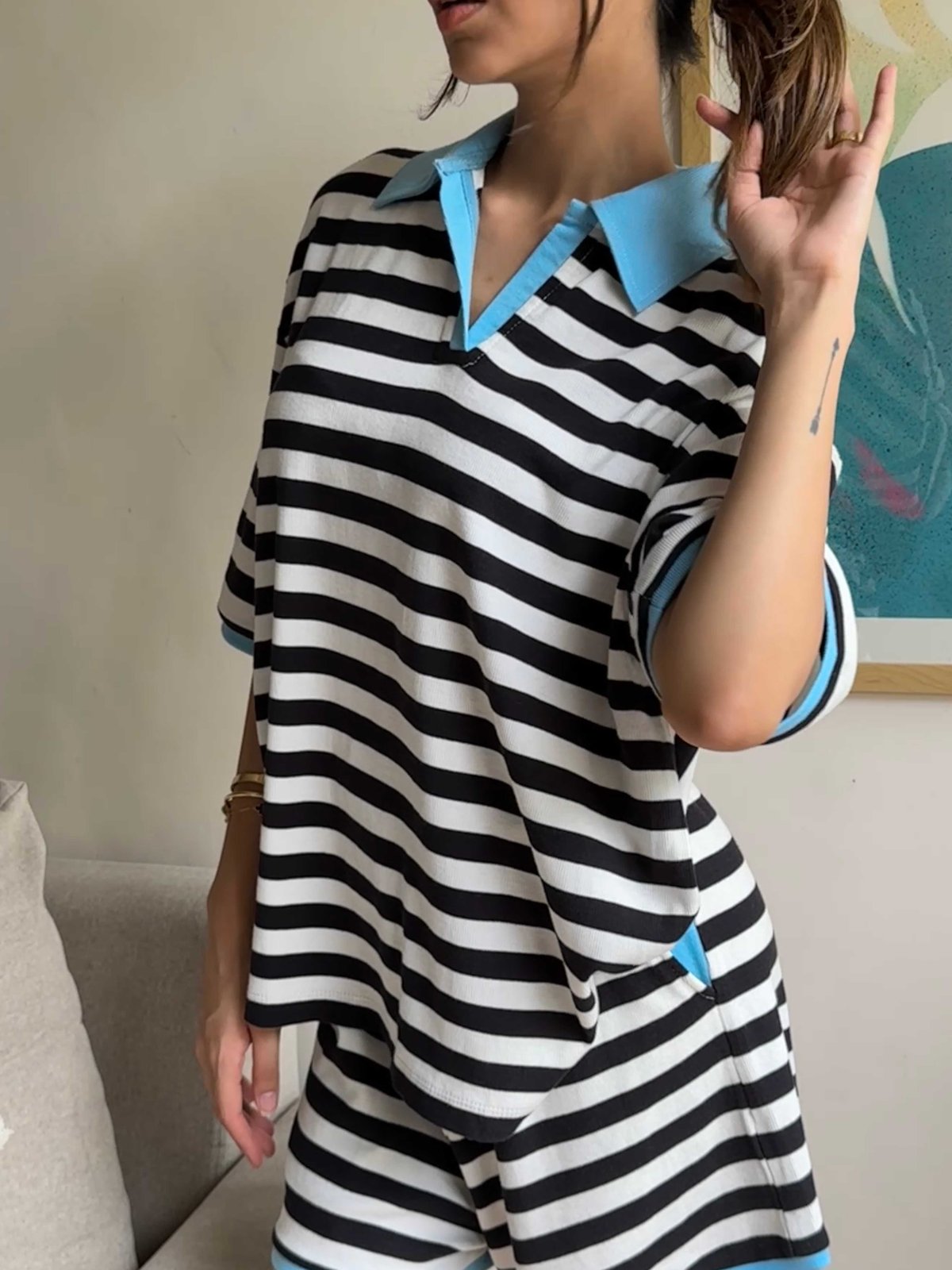 Black and White Striped Polo T-shirt and Shorts Co-ord Set