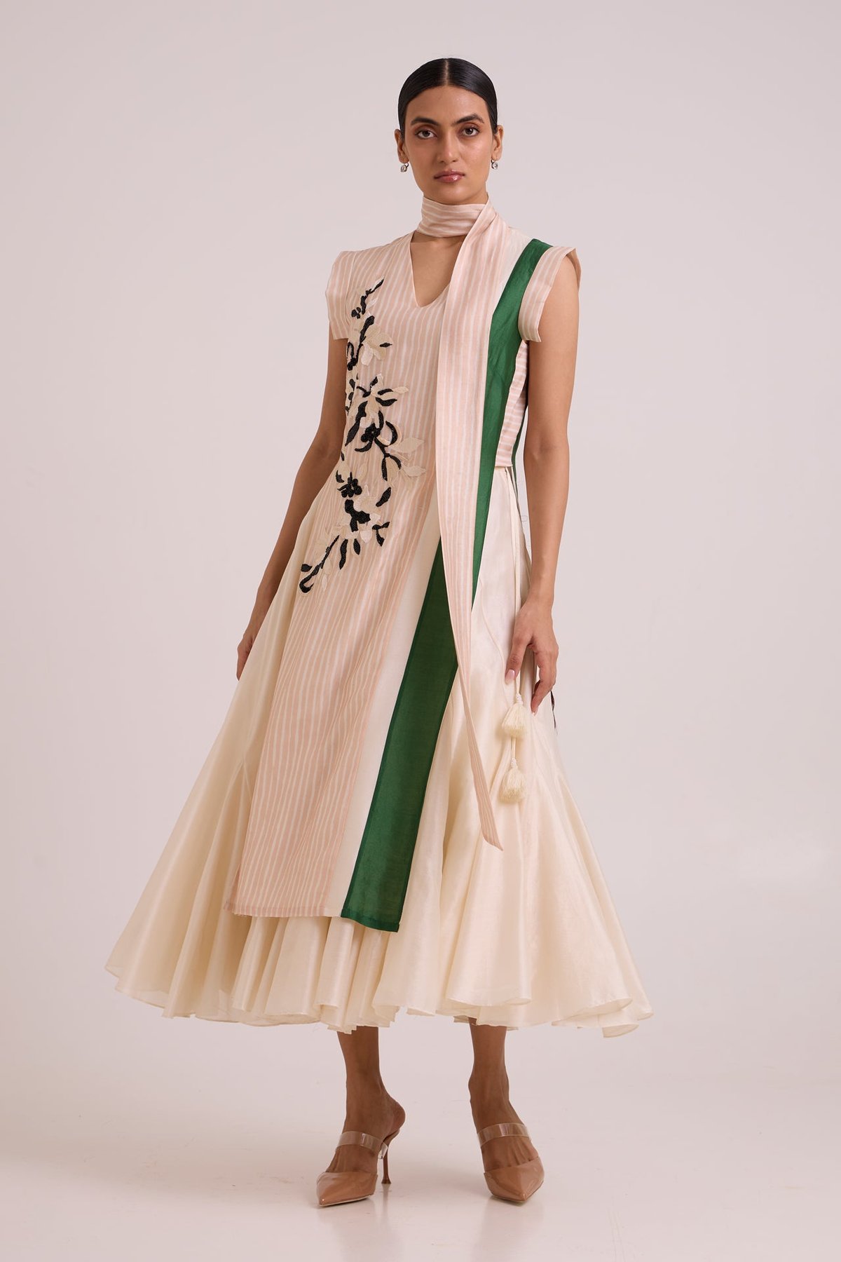 Peach Striped Tunic and Circular Midi Skirt Co-ord Set