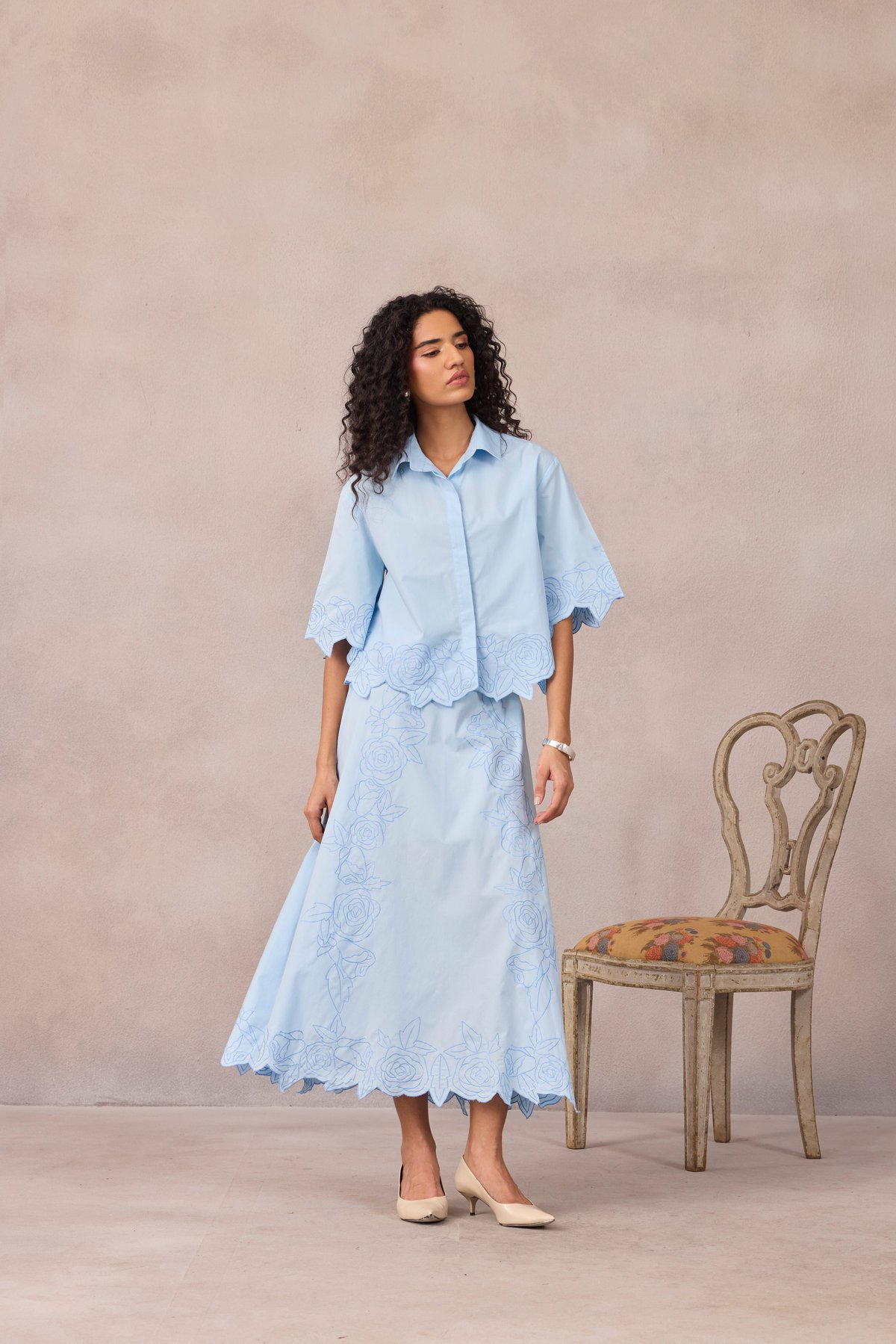 Frost Blue Cutwork Shirt and Midi Skirt Co-ord Set