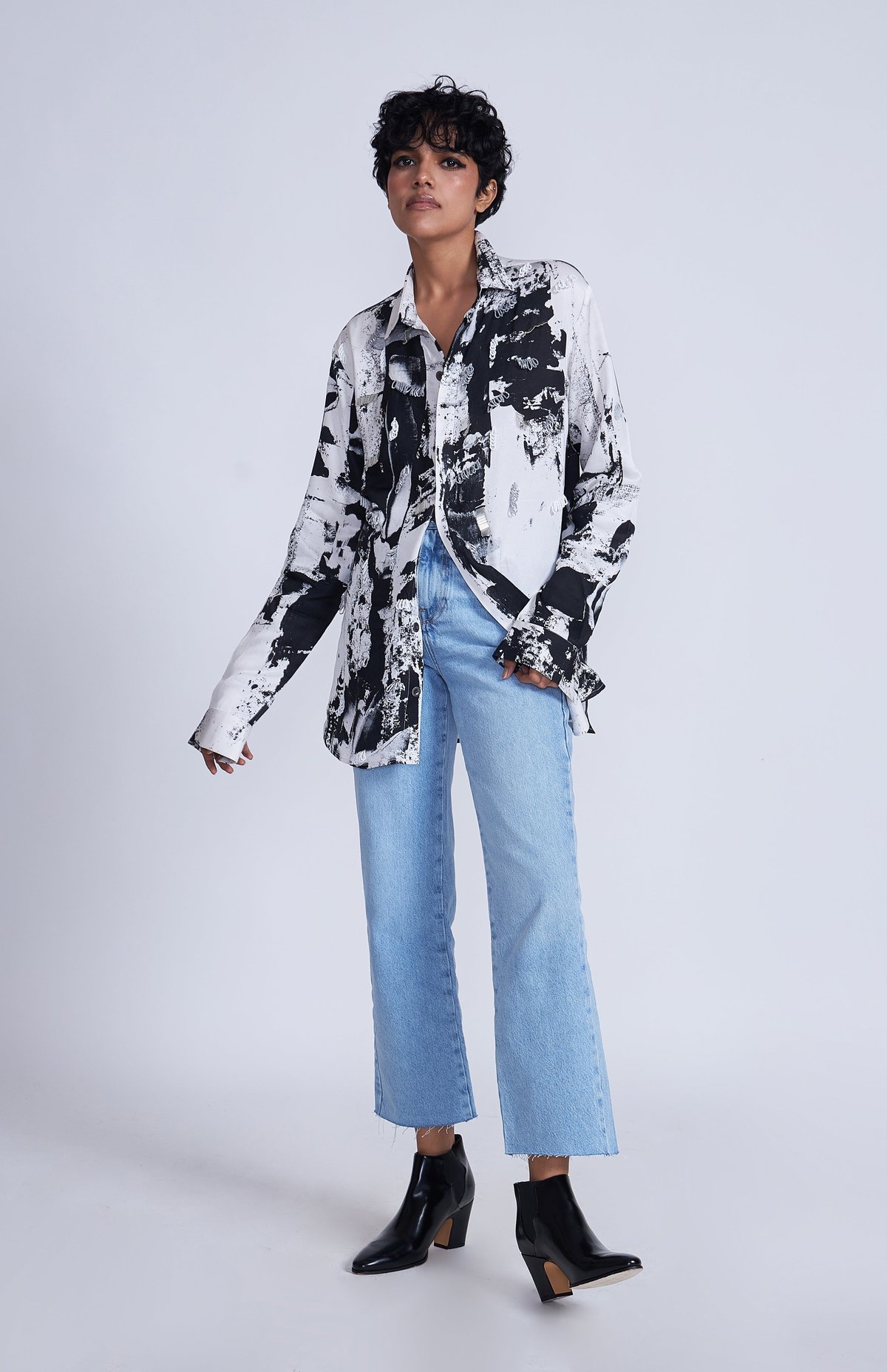 Monochrome Abstract Printed Satin Twill Shirt