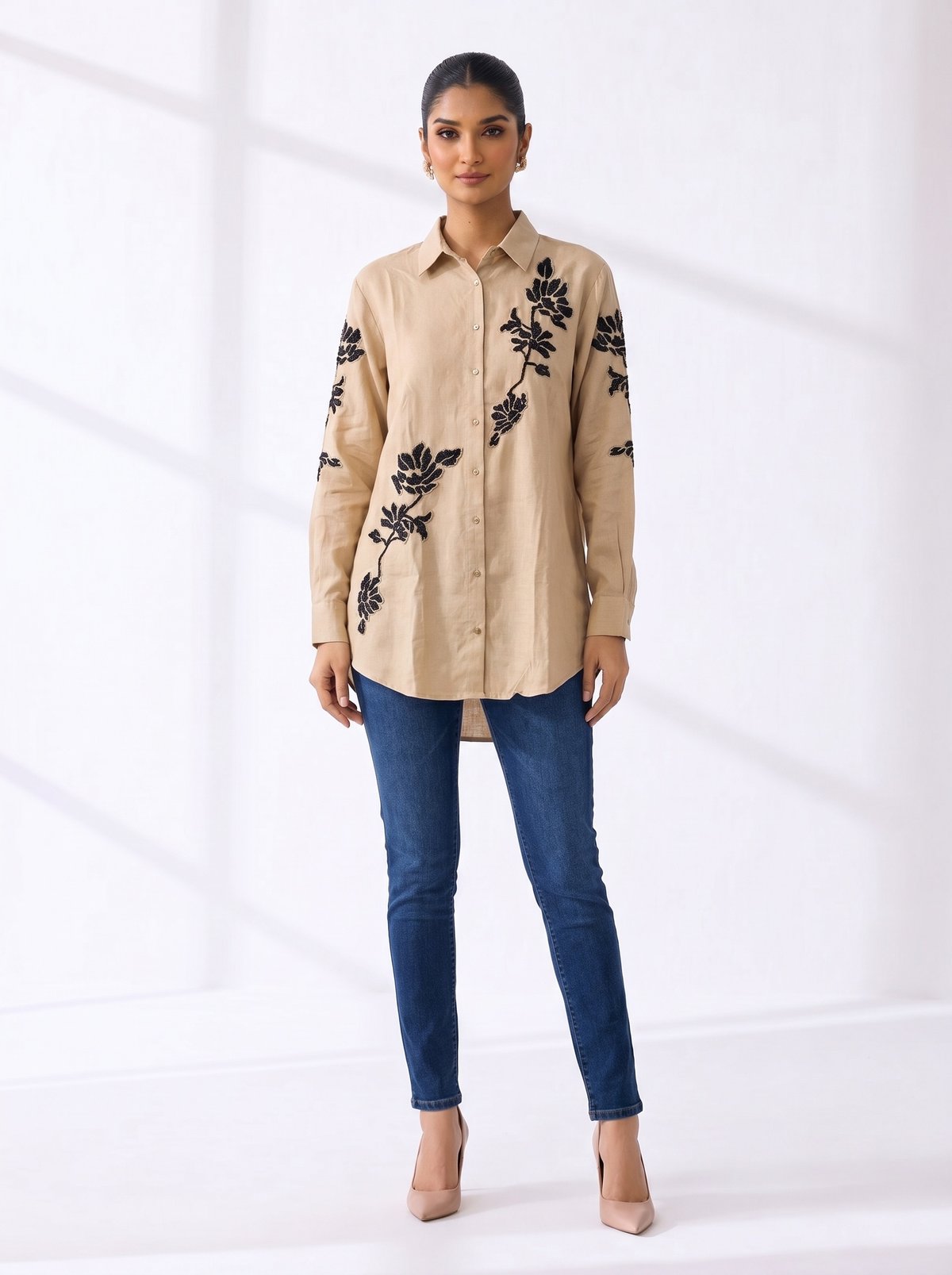 Beige Cotton Embroidered Longline Shirt