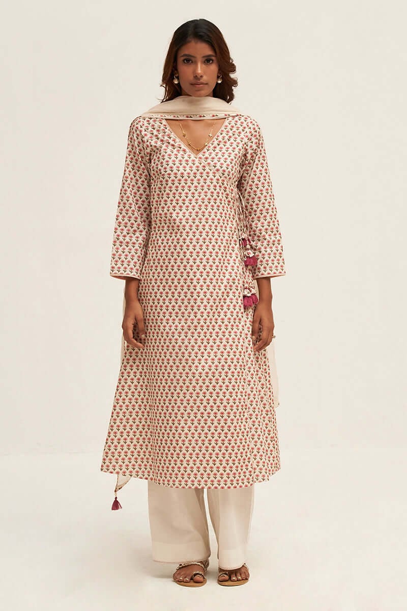 Cream Floral Printed Cotton Angrakha Suit Set