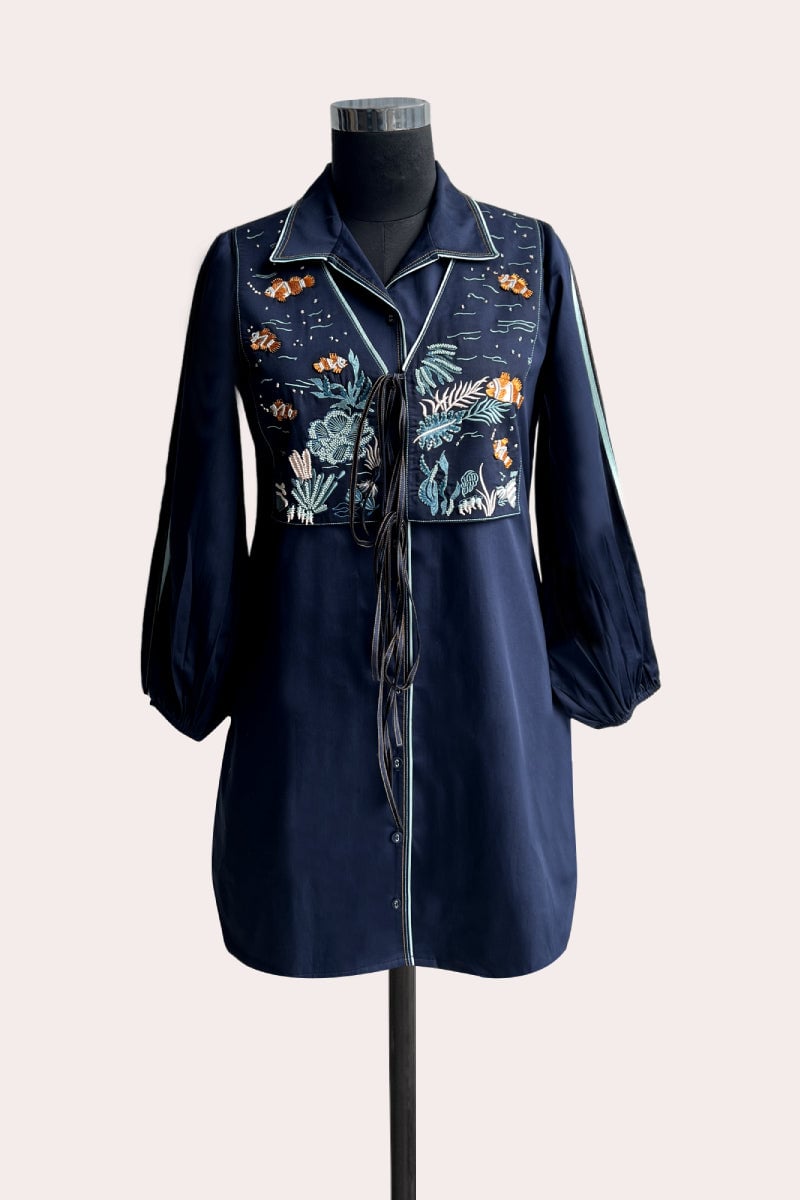 Navy Cotton Satin Shirt Dress with Embroidered Yoke