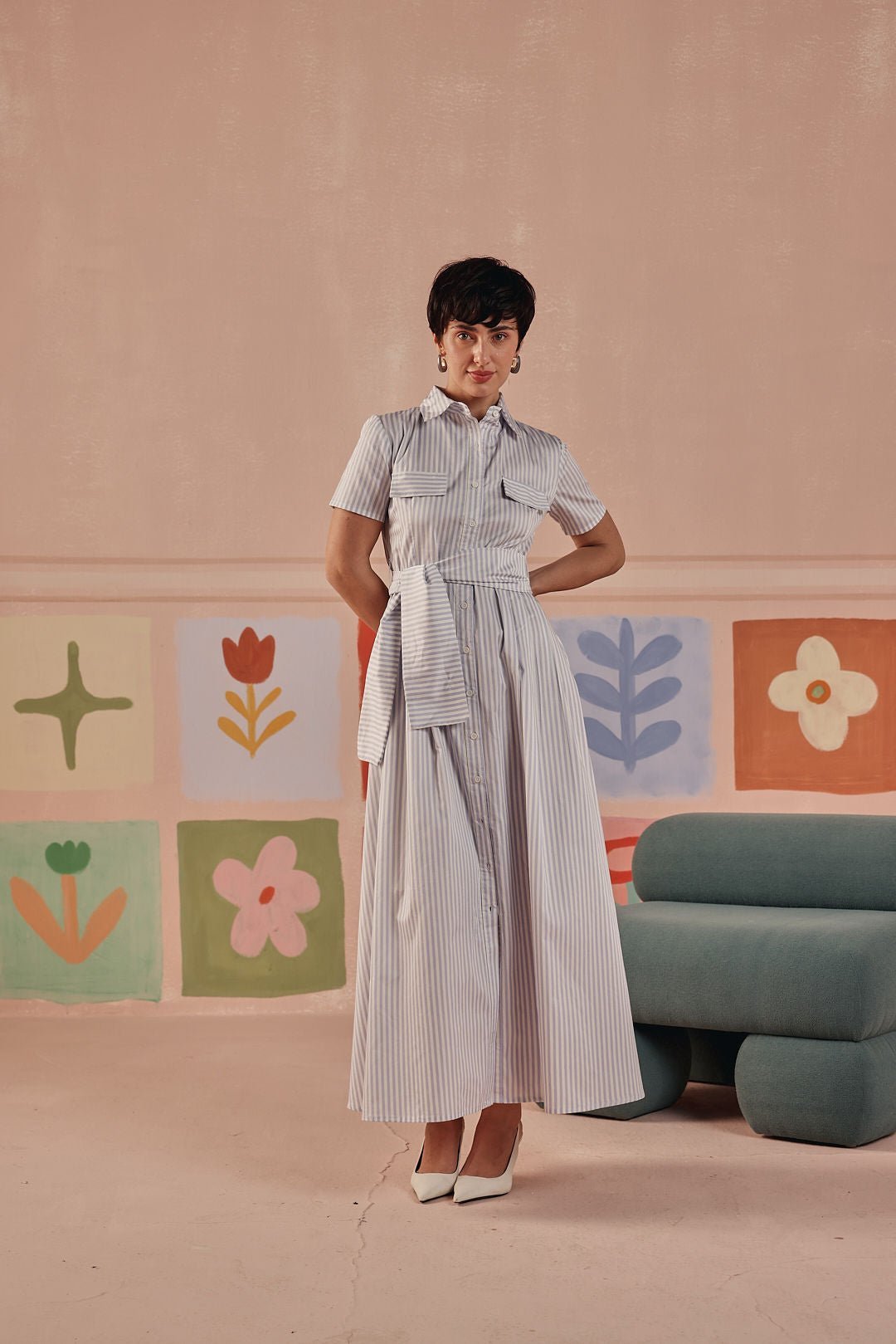 Blue and White Striped Belted Midi Shirt Dress