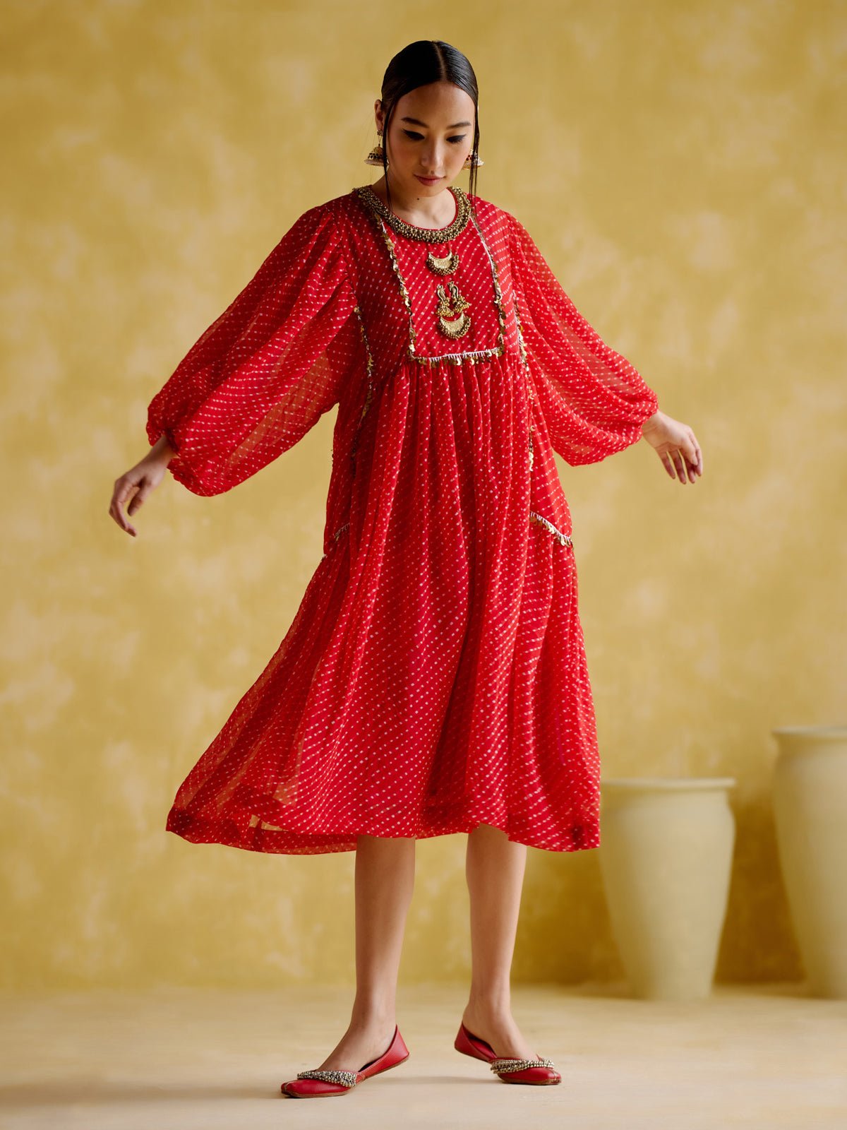 Red Lehriya Printed Flared Kurta with Embellished Yoke