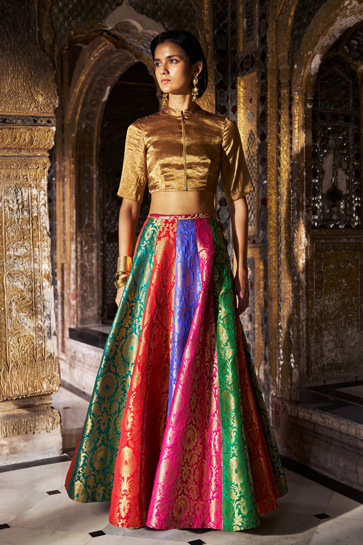 Multicolour Brocade Flared Maxi Skirt Co-ord Set