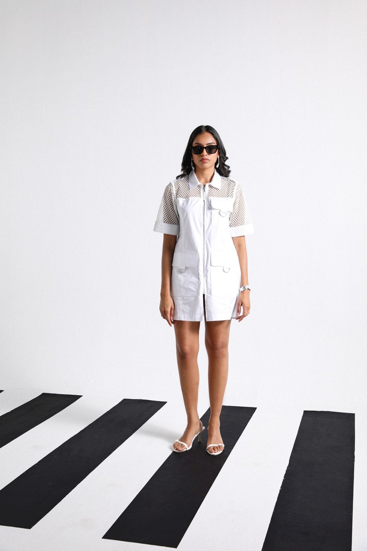 White Cotton Twill Mini Shirt Dress with Mesh Panels