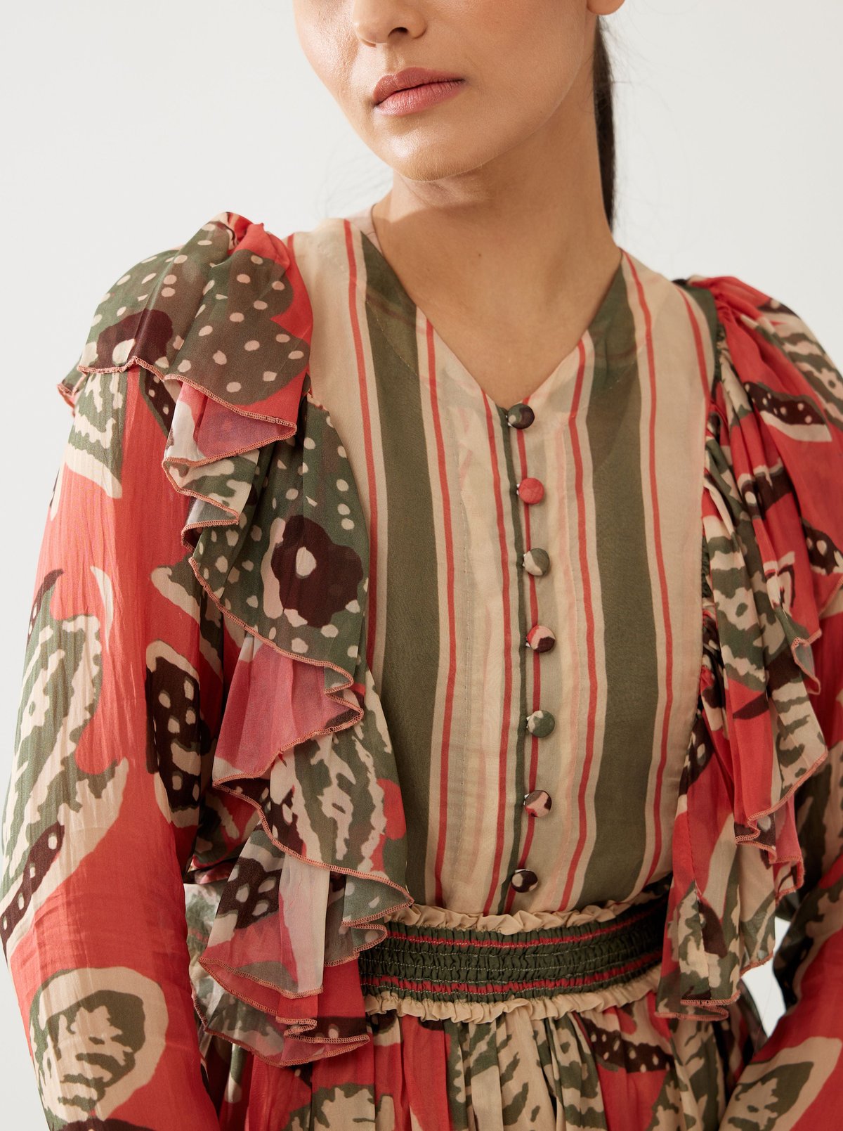 Pink Beige And Green Floral Frill Top