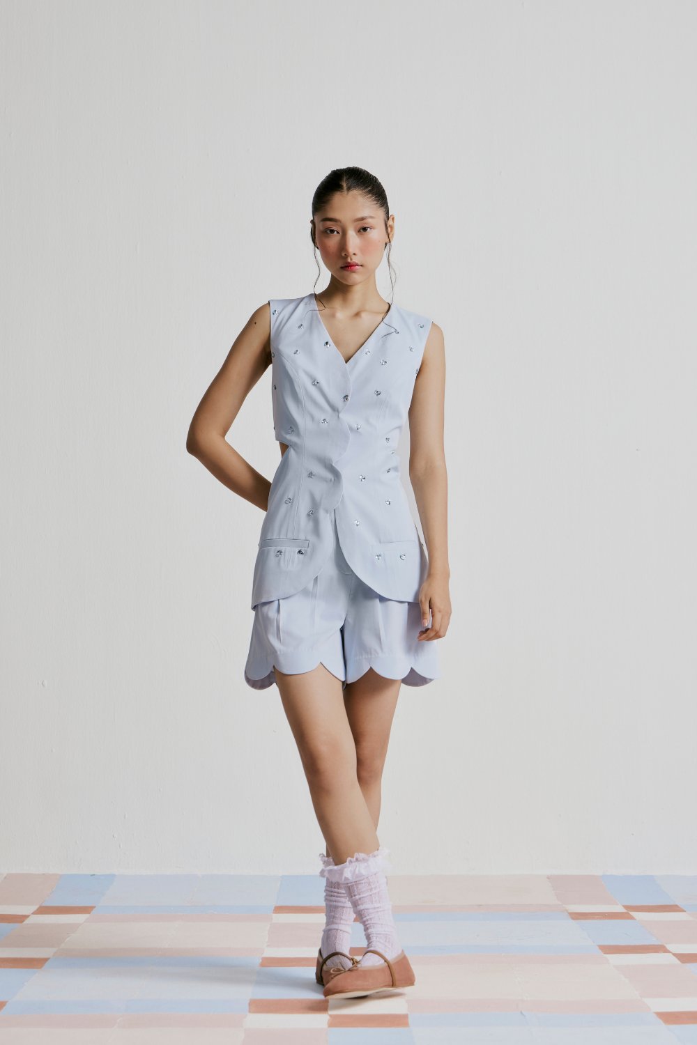 Blue Crepe Waistcoat and Scallop-Hem Shorts Co-ord Set