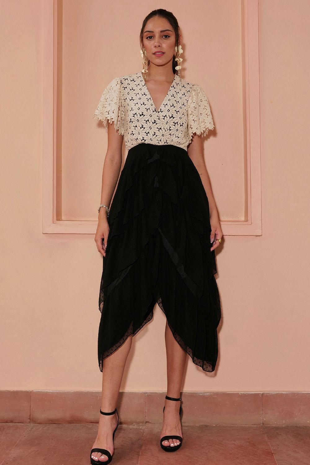 Monochrome Lace Bodice Ruffled Midi Dress
