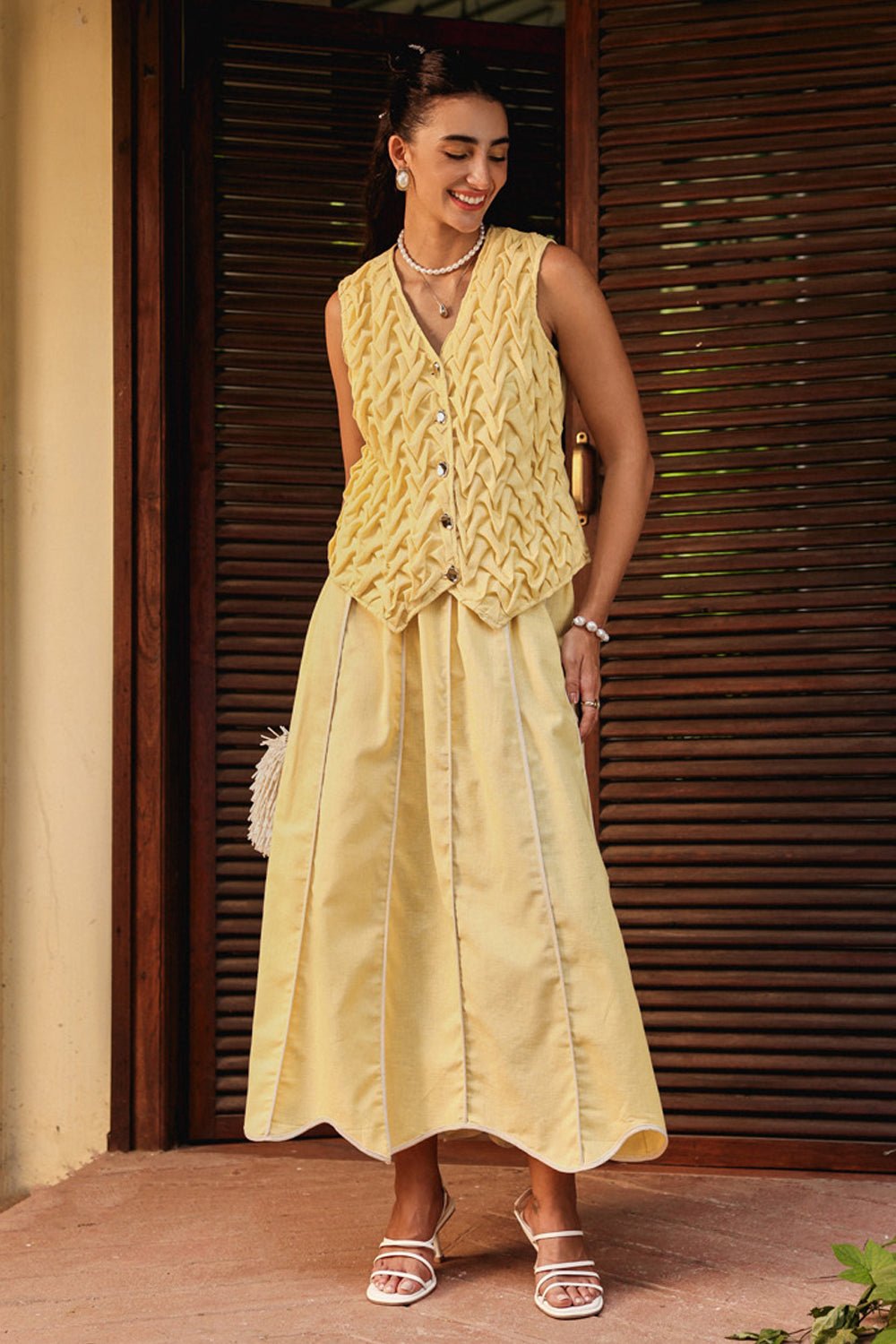 Buttercup Yellow Linen Waistcoat and Midi Skirt Co-ord Set