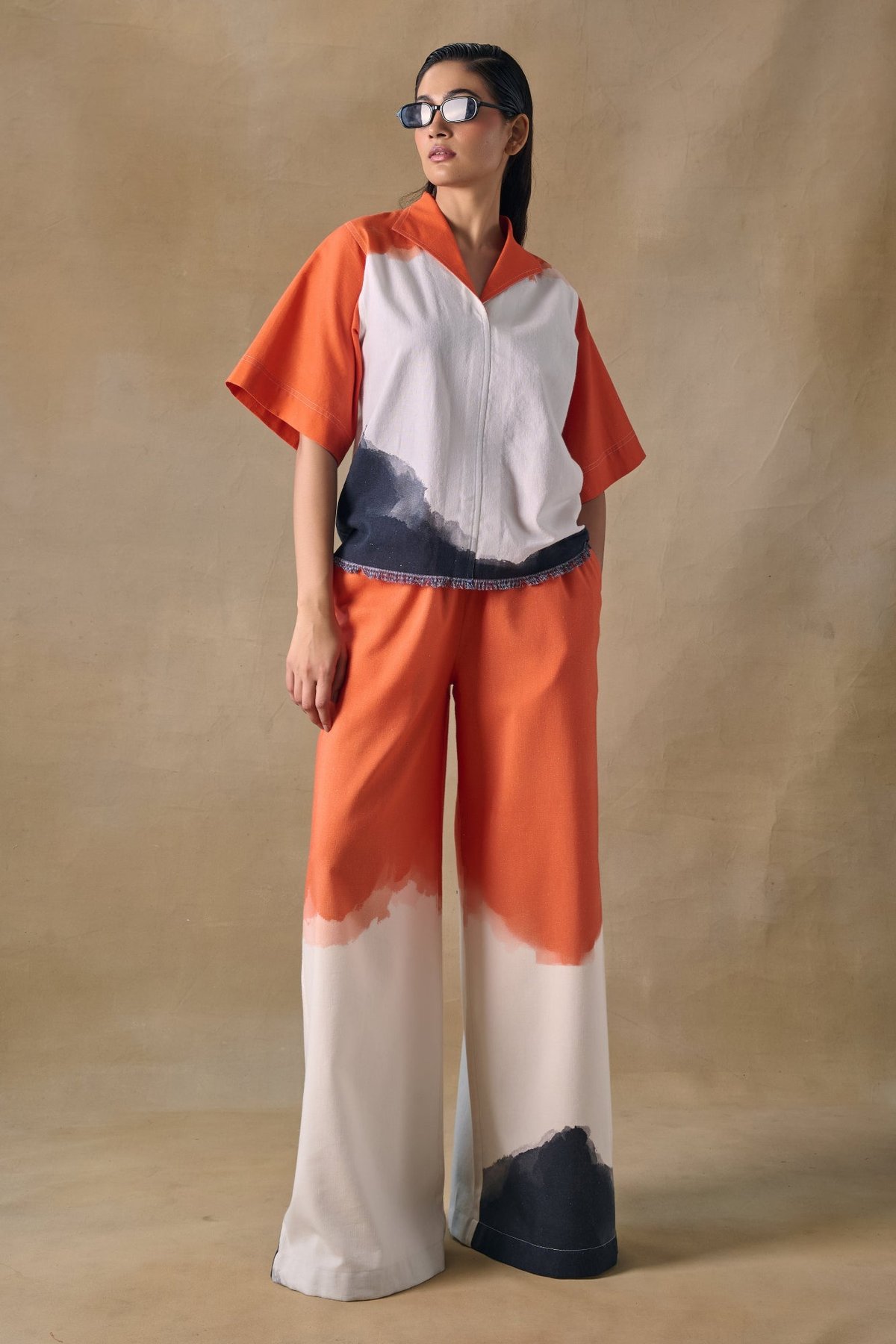 Orange Wash Zip-Front Kaftan Top and Palazzo Co-ord Set