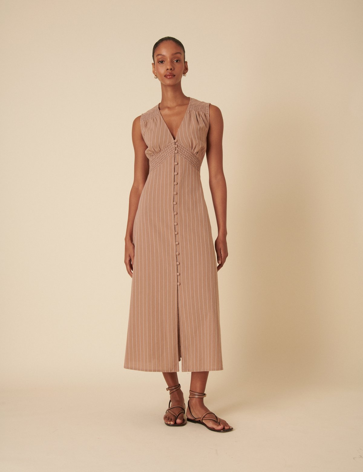 Stone Pinstripe Button-Front Midi Dress