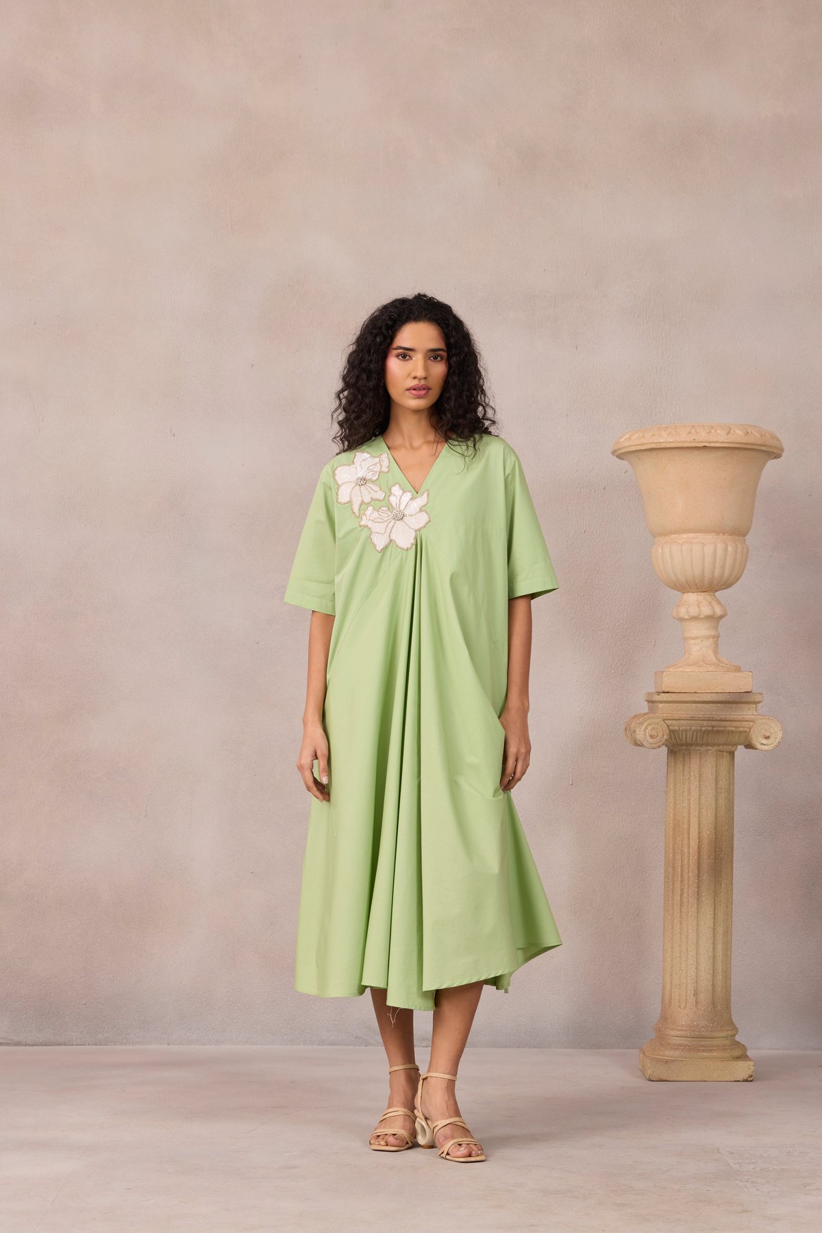 Foam Green V-Neck Draped Fit And Flare Midi Dress
