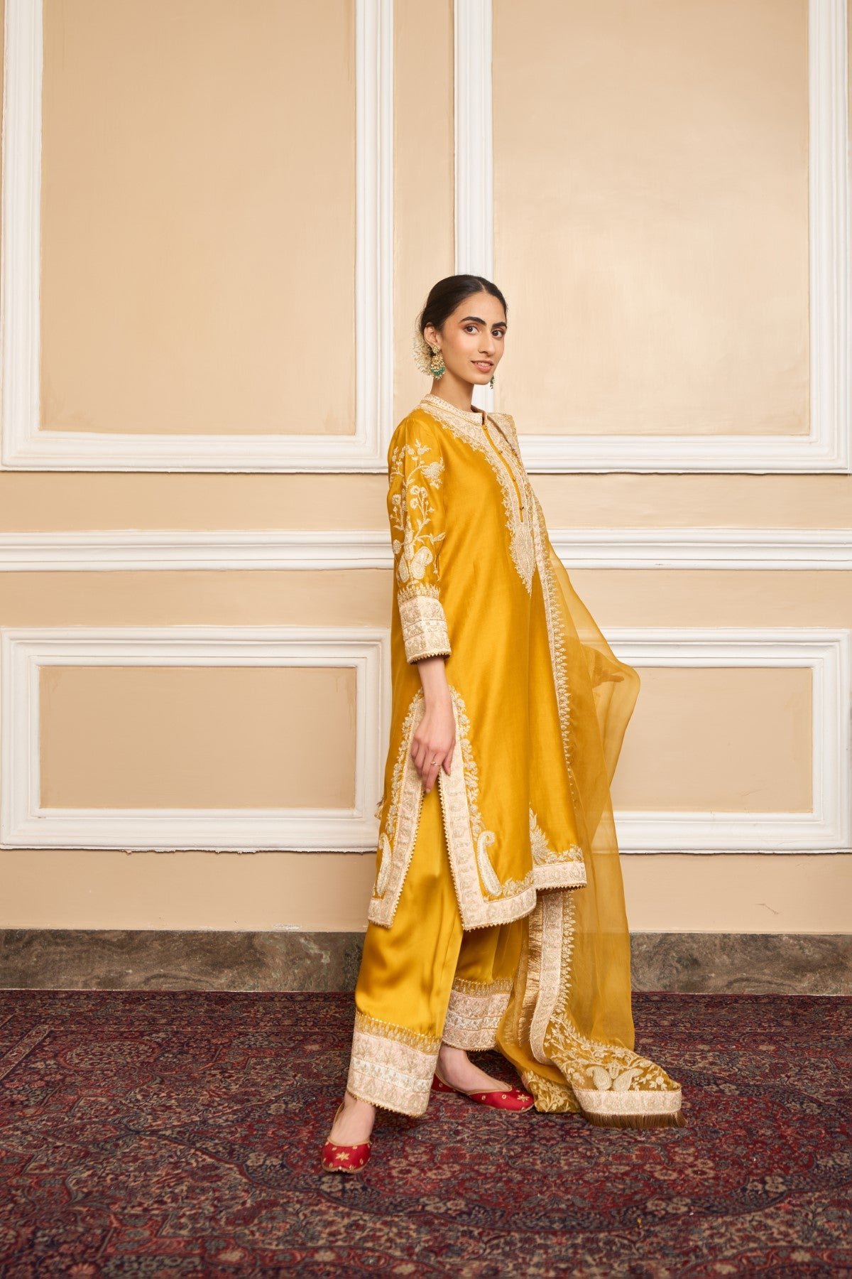 Glaze Mustard Embroidered Kurta Set with Salwar and Dupatta