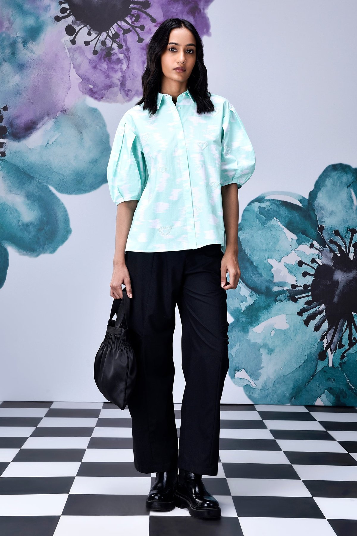 Lime Green Ikkat Print Poplin Shirt with 3/4 Puff Sleeves