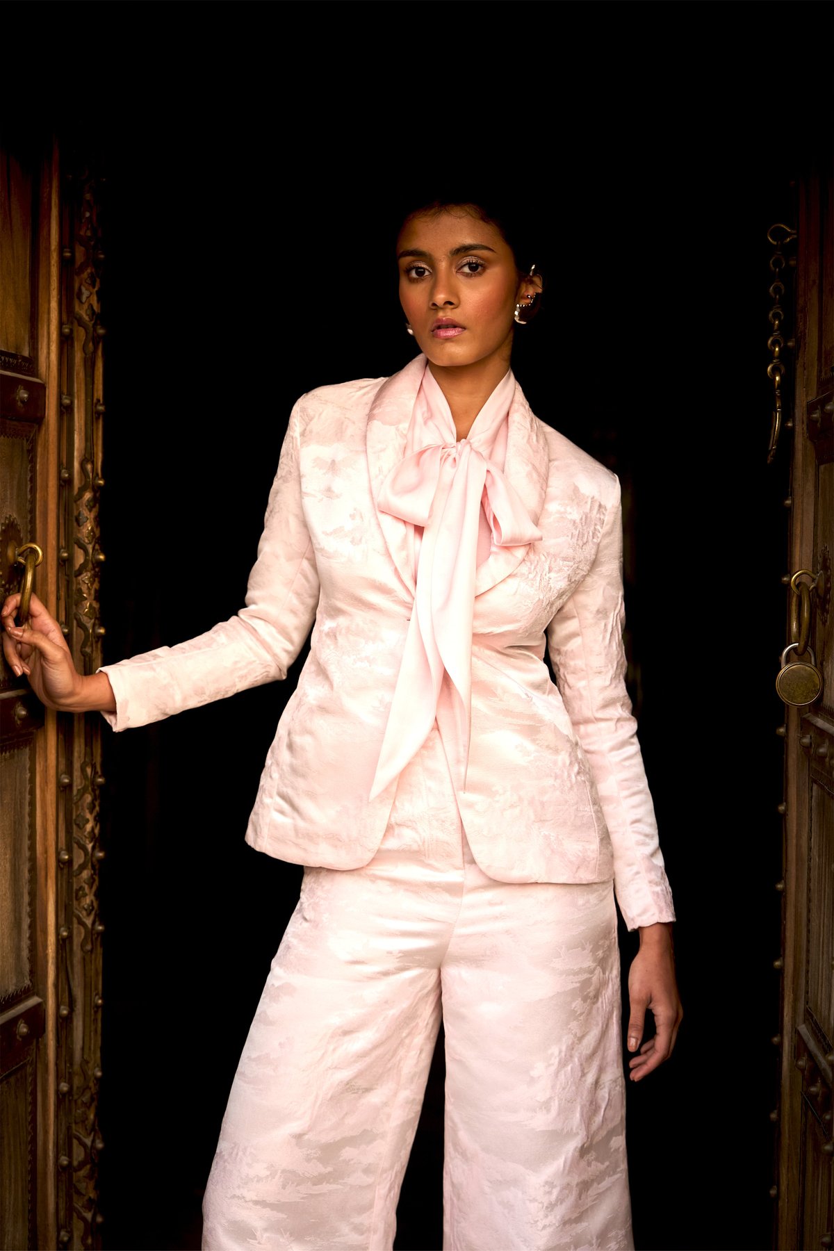 Powder Pink Brocade Tailored Blazer with Statement Button