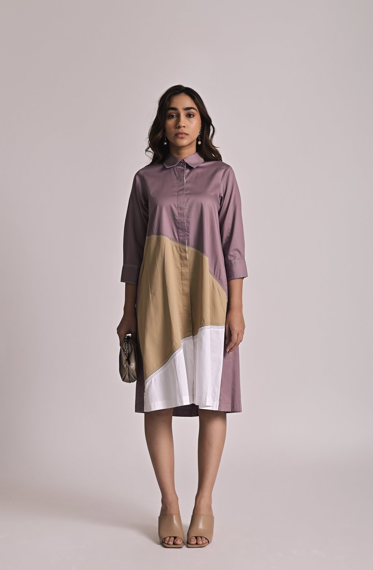 Purple/Beige/White Colorblock Midi Shirt Dress