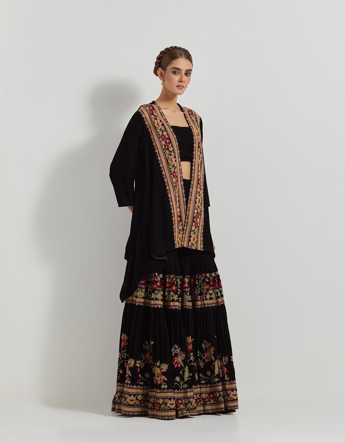 Black Velvet Bustier, Cape and Sharara Co-ord Set