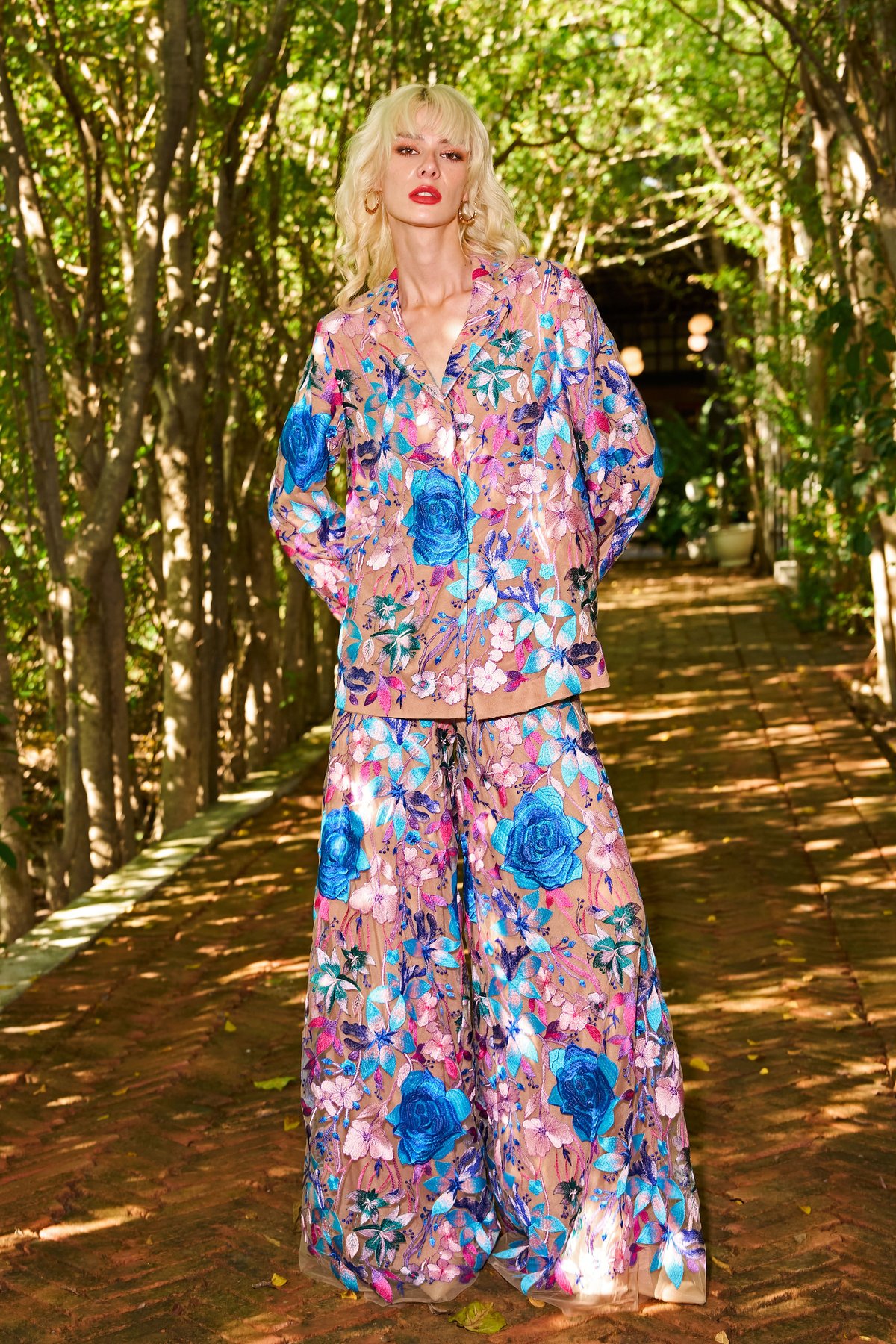 Multicolour Floral Embroidered Wide-Leg Flared Trousers