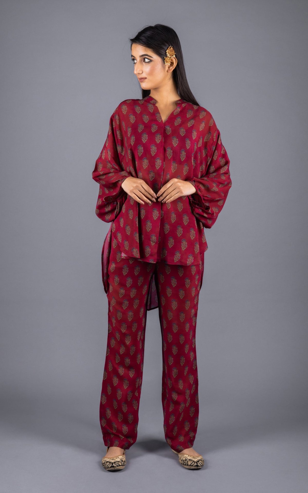 Maroon Printed Crepe Co-ord Set with Mandarin Collar