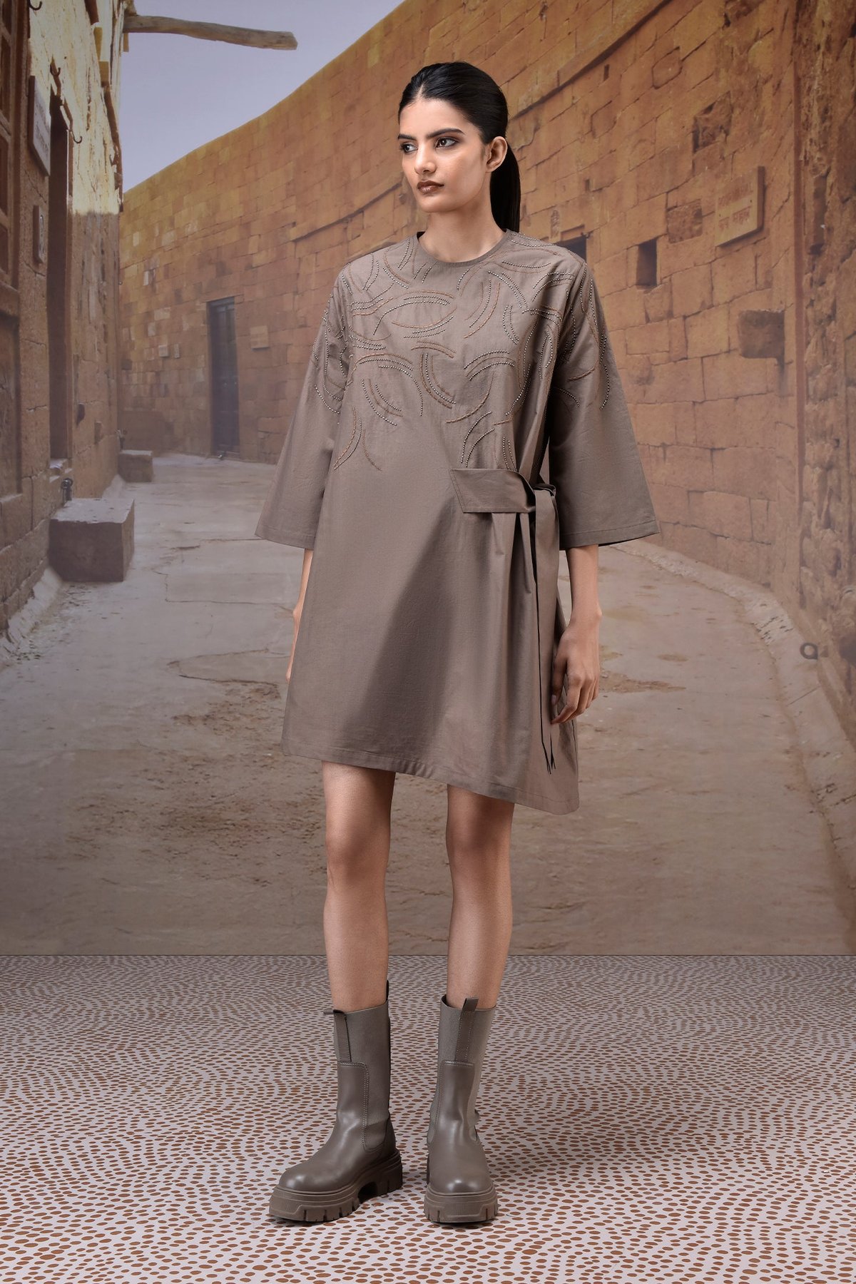 Warm Beige Giza Cotton Poplin Straight Dress with Side Tie