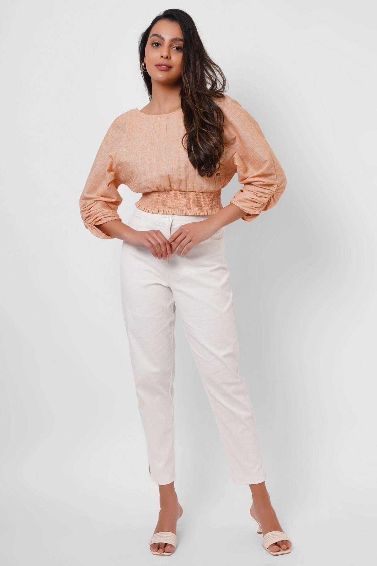 Picnic Wear Front Knot Orange Cotton Linen Top
