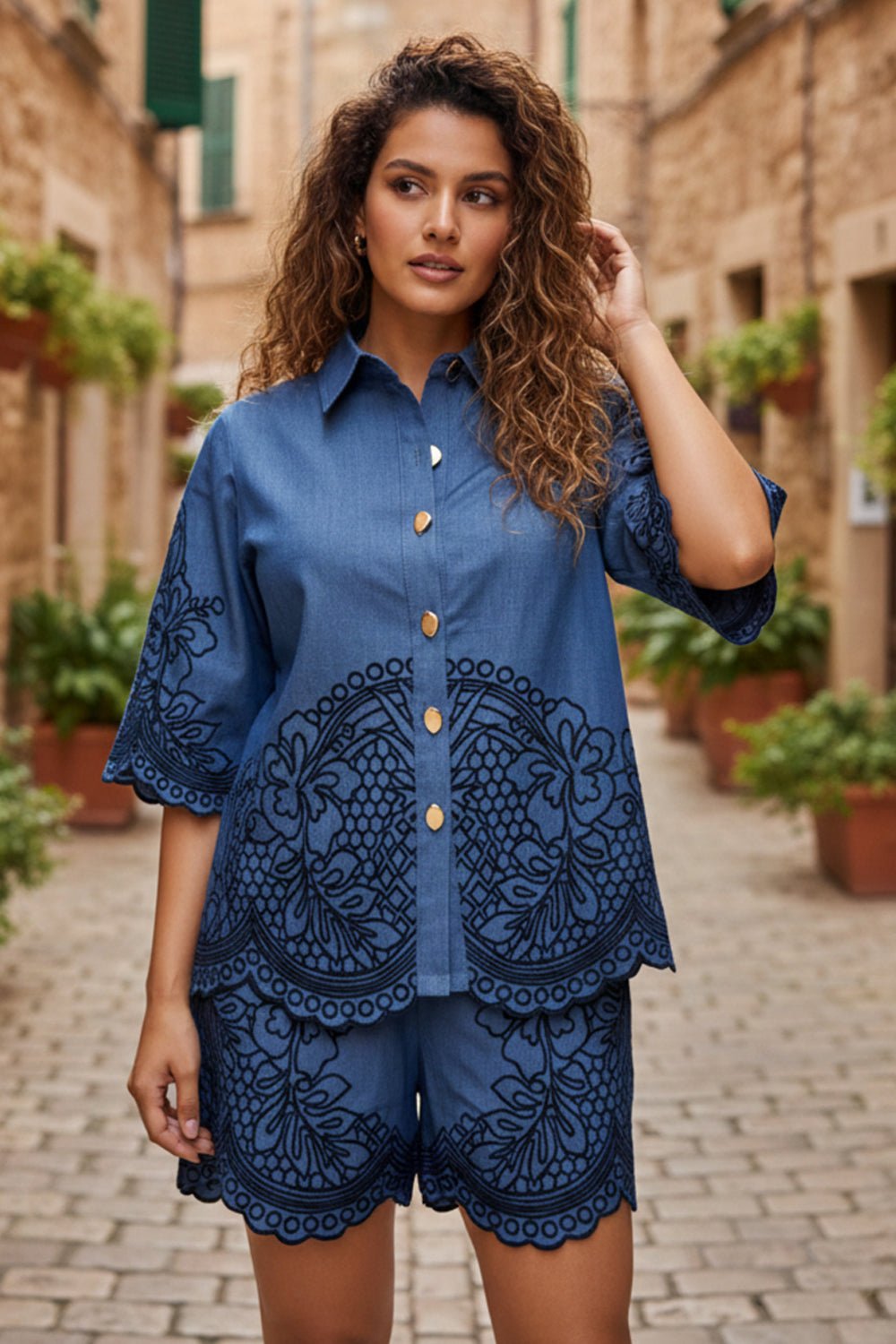Blue Denim Embroidered Shirt and Shorts Co-ord Set