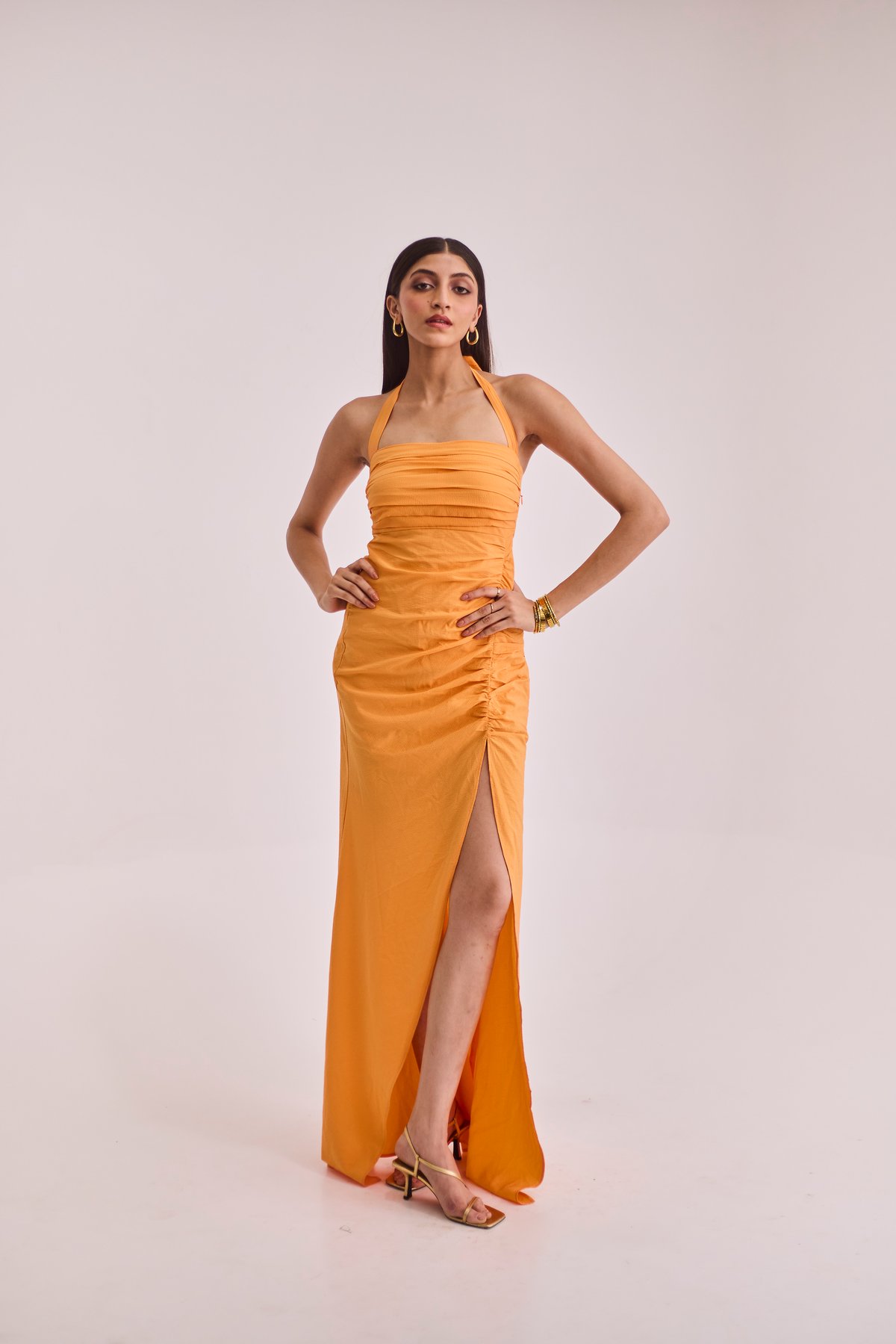 Orange Ruched Halter Maxi Dress with Slit