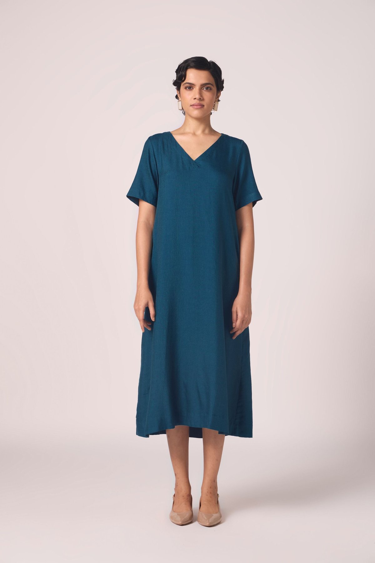 Blue Silk Twill V-Neck Midi Dress with Pockets