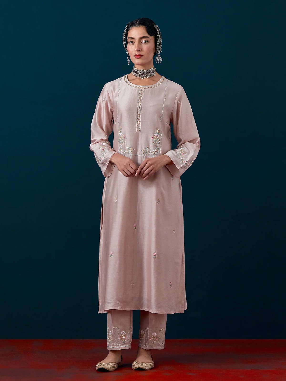 Old Rose Silk Chanderi Embroidered Yoke Straight Kurta