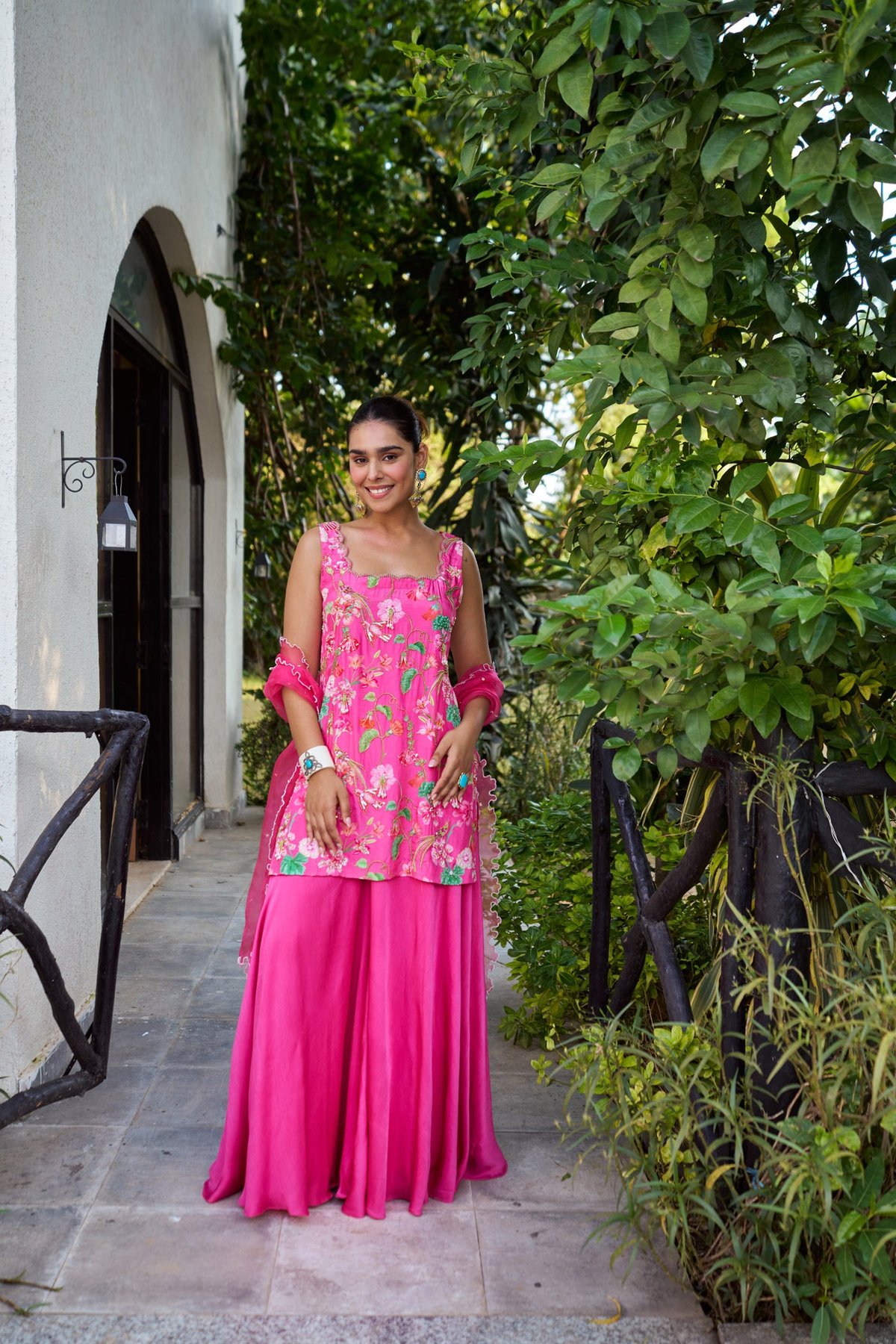 Fuchsia Floral Print Kurta Sharara Set with Organza Dupatta