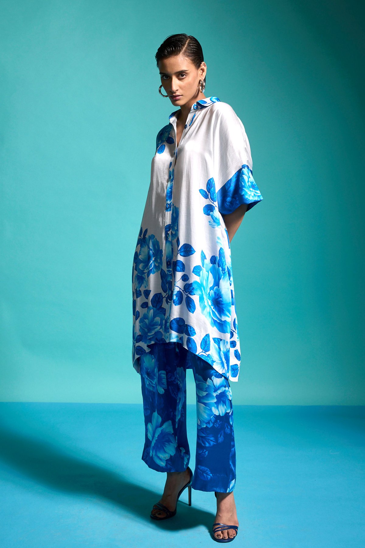Tonal Blue Floral Longline Boxy Shirt