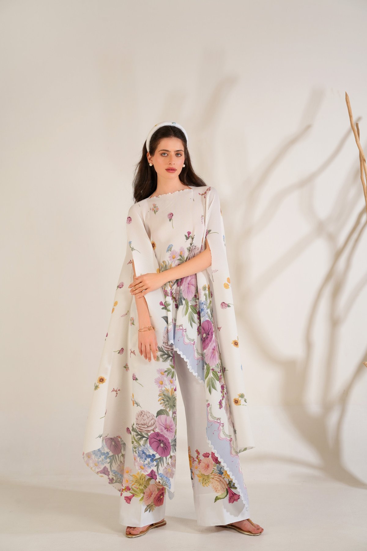 White Floral Pleated Cape and Trouser Co-ord Set