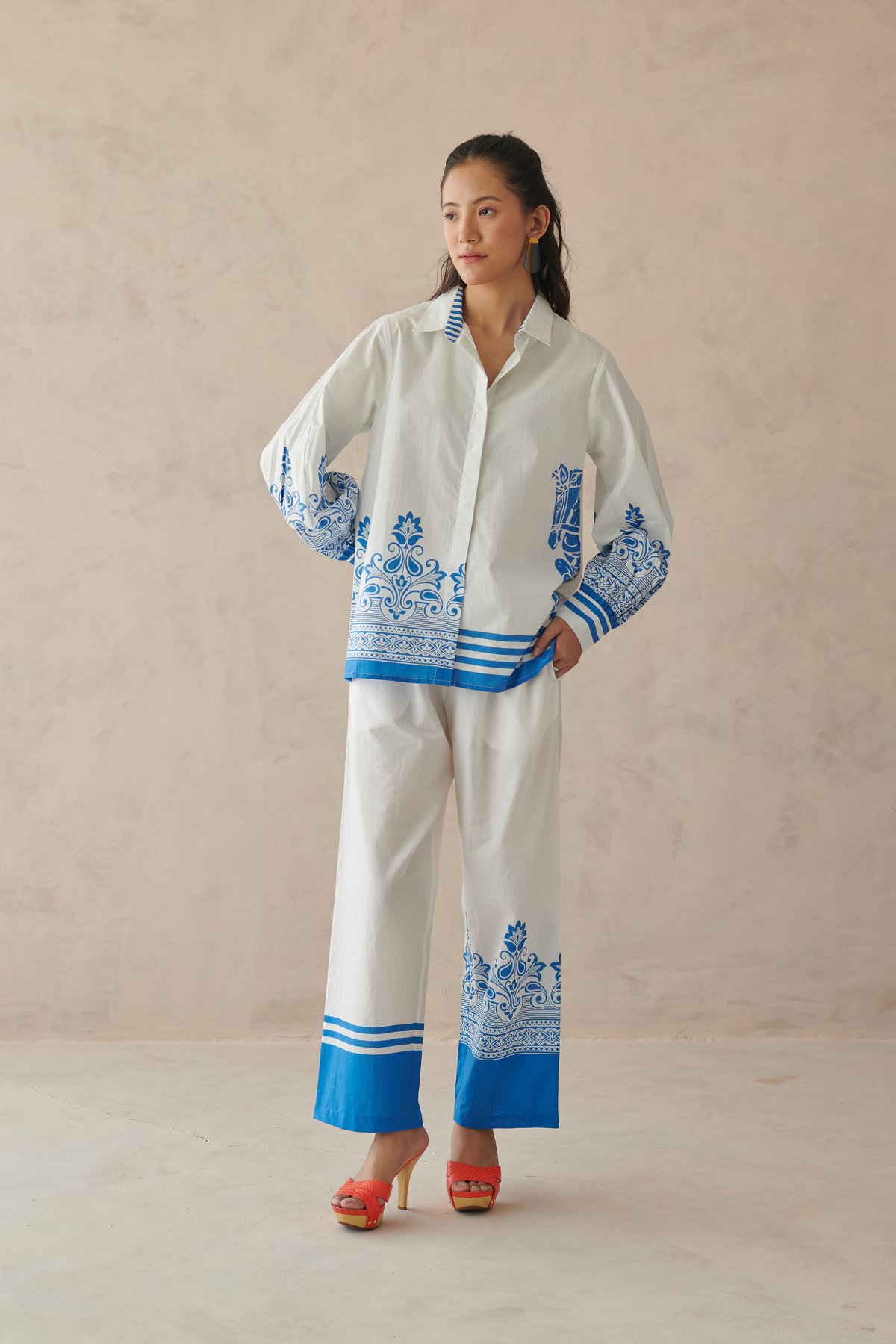 White Cotton Poplin Shirt with Blue Placement Border Print
