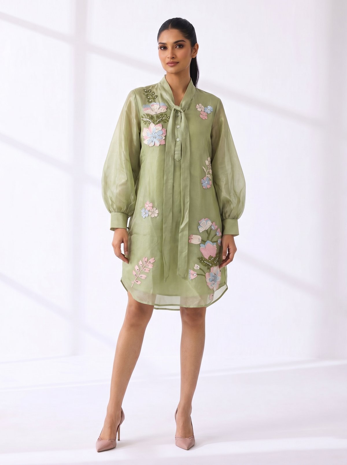Lime Green Tissue Organza Tie-Neck Shirt Dress