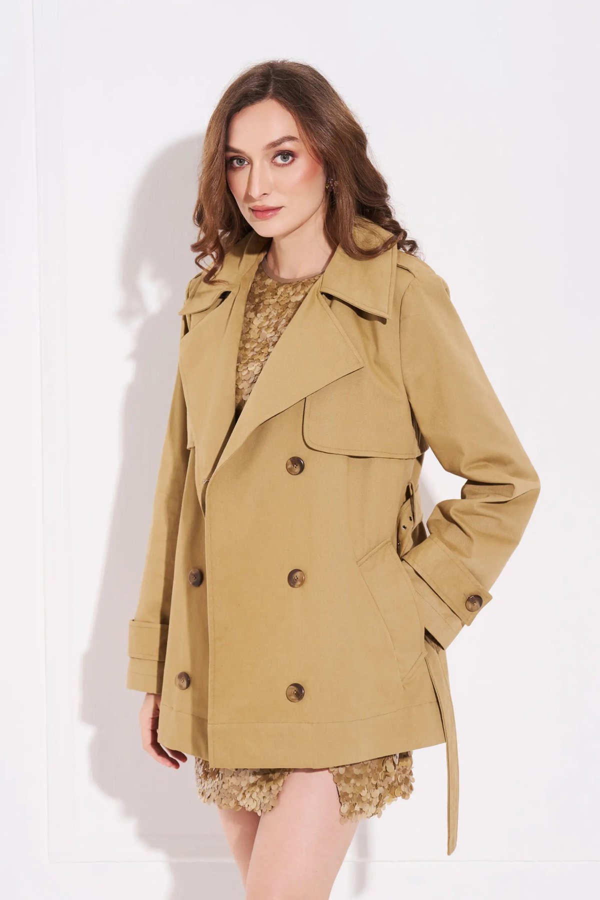 Camel Cotton Twill Half Trench Coat with Belt