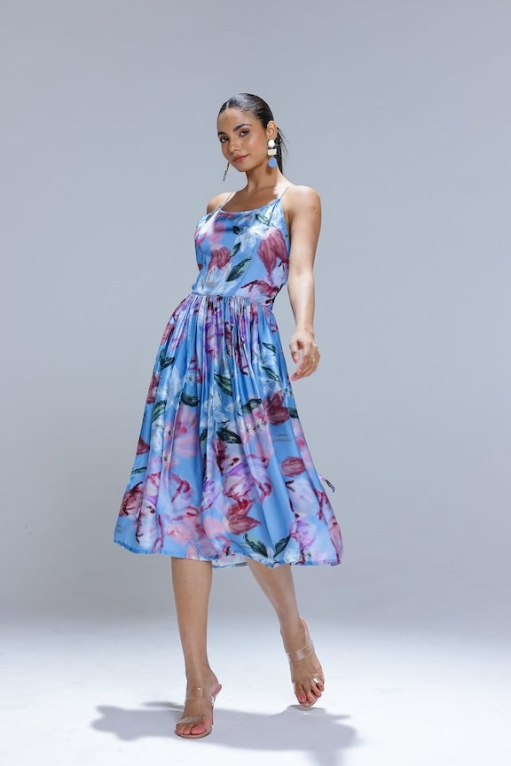 Powder Blue Floral Print Open-Back Midi Dress