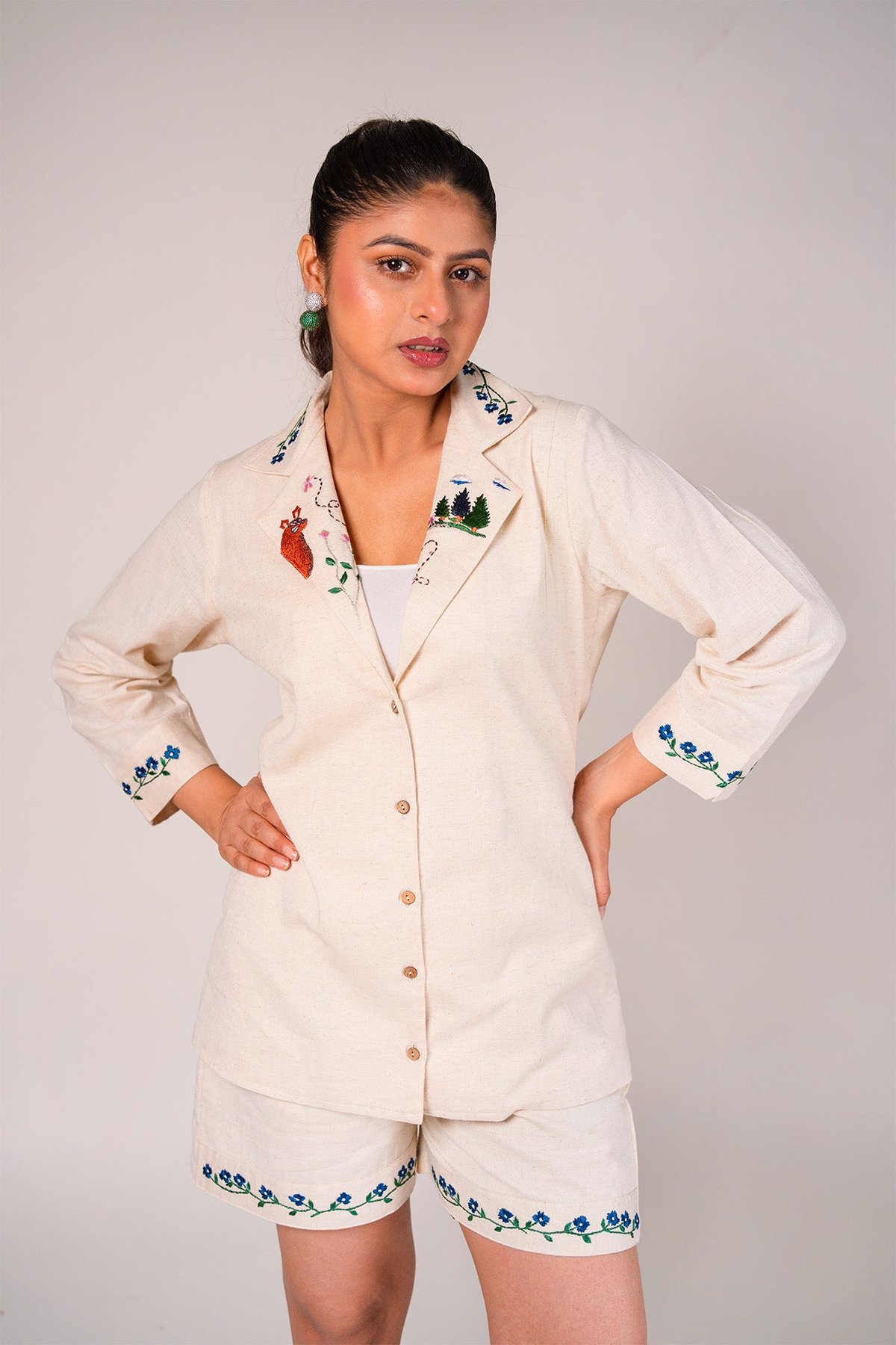 Ivory Linen Shirt and Shorts Co-ord Set with Embroidery