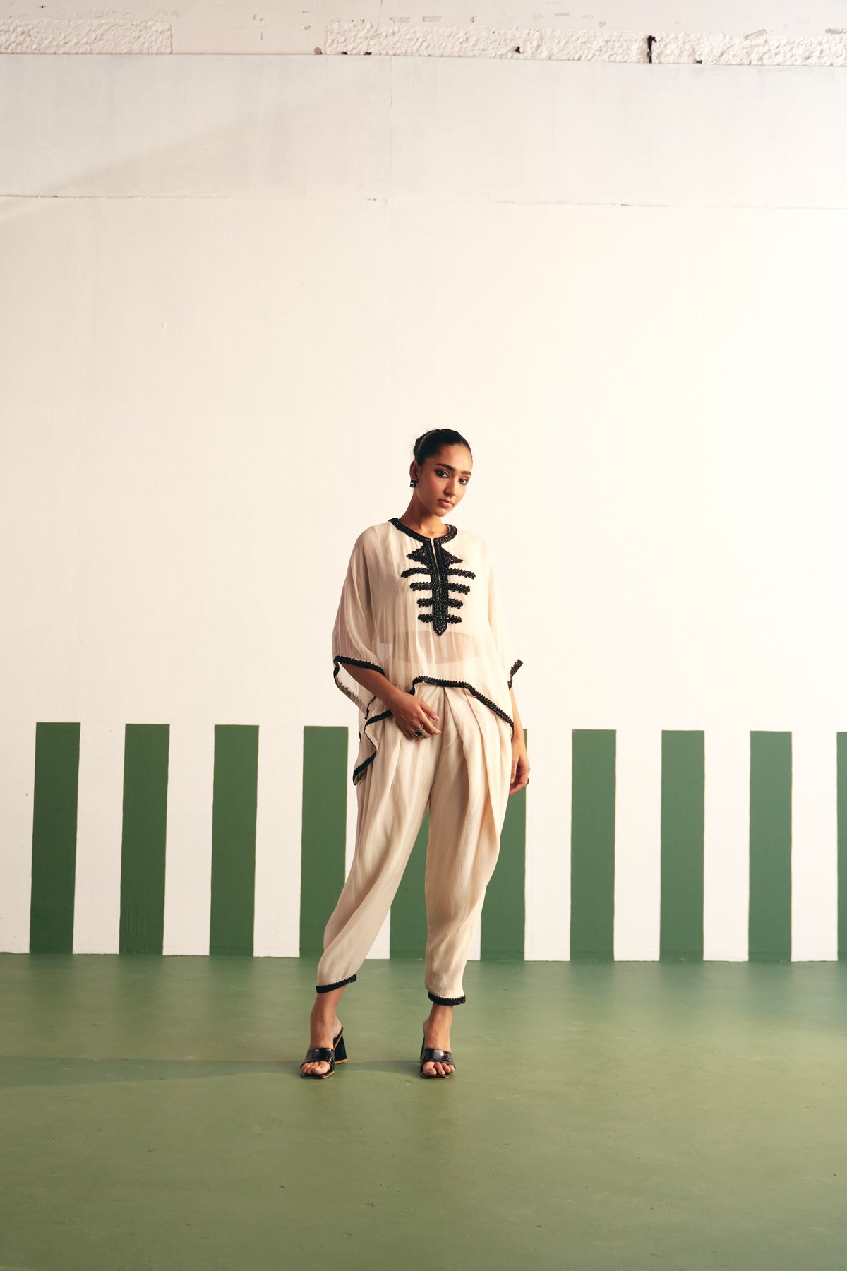 Ivory Organza Kaftan Set with Dhoti Pants