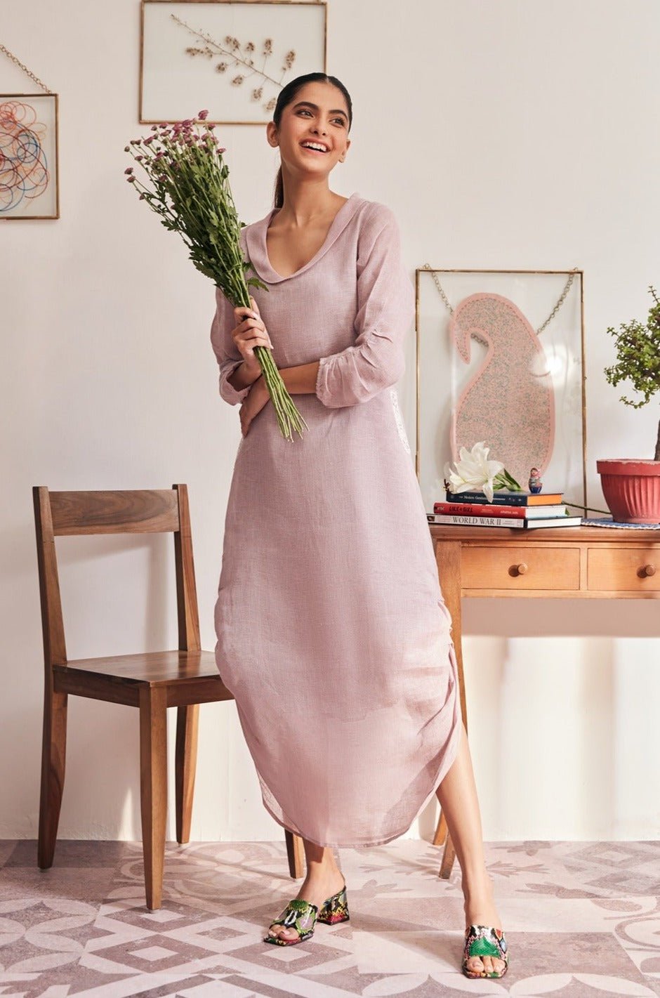 Lavender Linen V-Neck Straight Midi Dress with Pockets