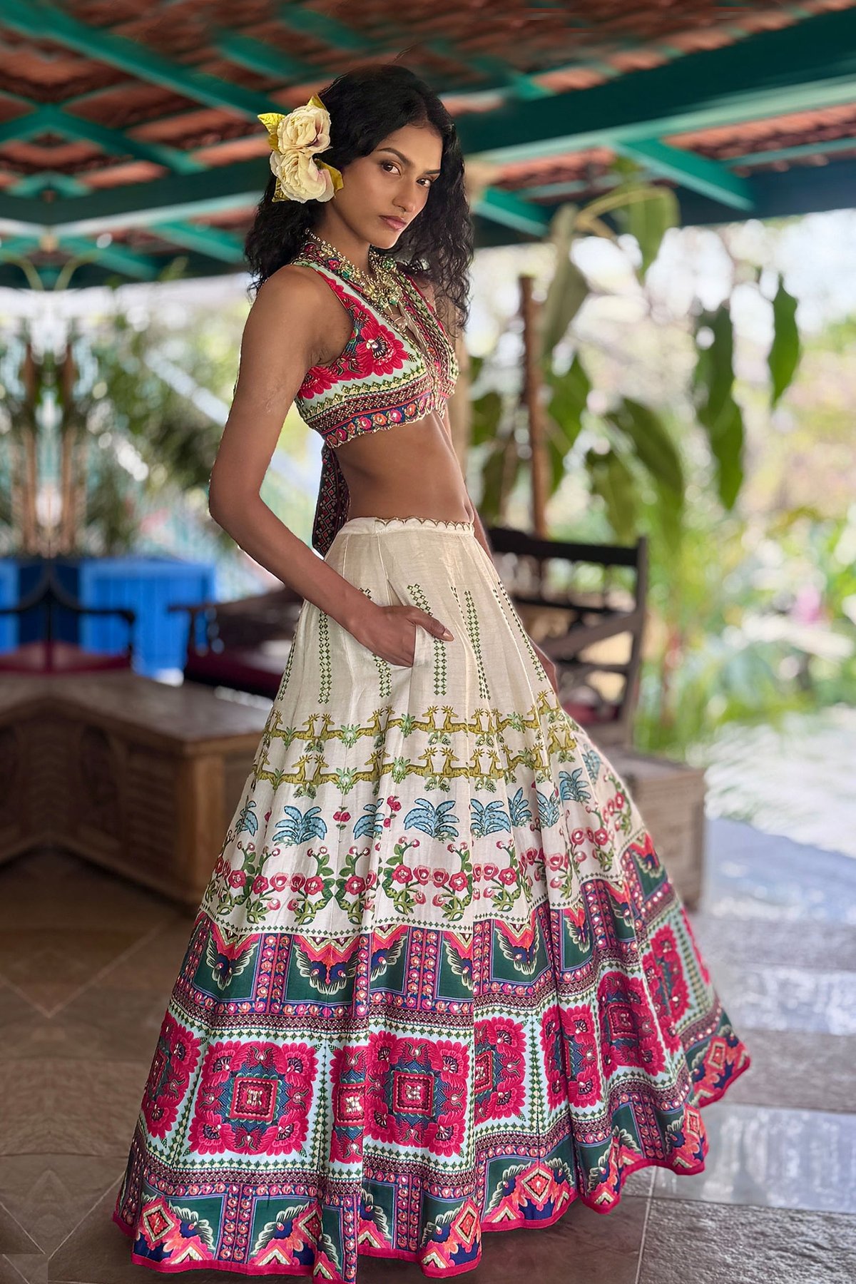 Off White Printed Lehenga Set with Mirror Work Tie-Back Blouse
