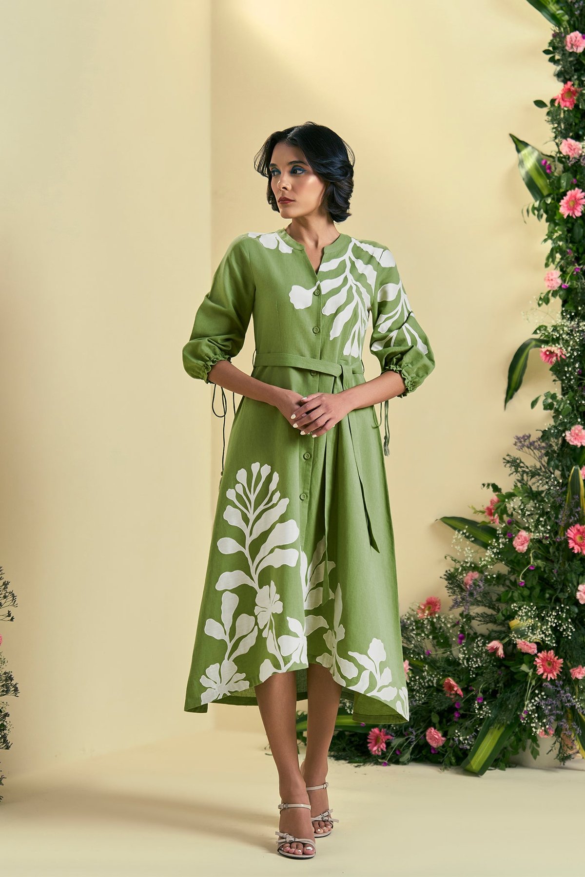 Green A-Line Midi Shirt Dress with Botanical Print and Belt