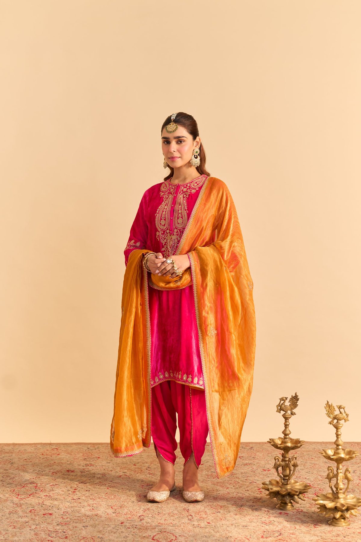 Hotpink Silk Velvet A-Line Kurta Set with Dhoti