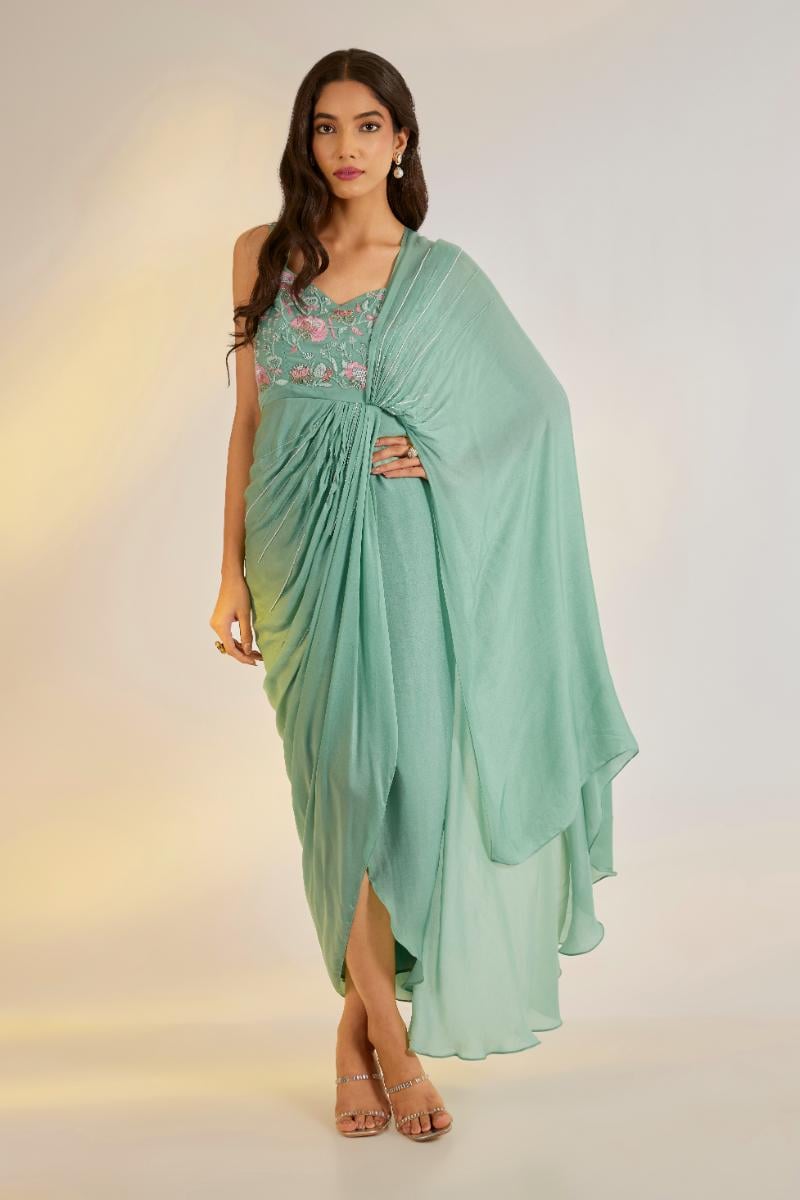 Sage Green Embroidered Saree Gown