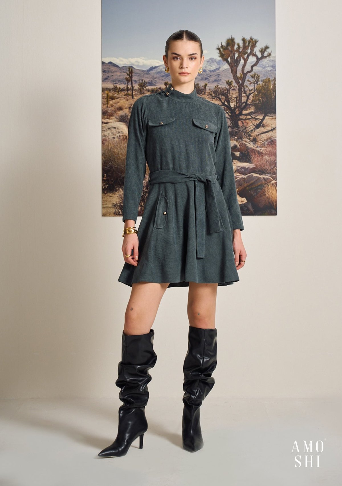 Grey Corduroy Fit and Flare Mini Dress with Belt